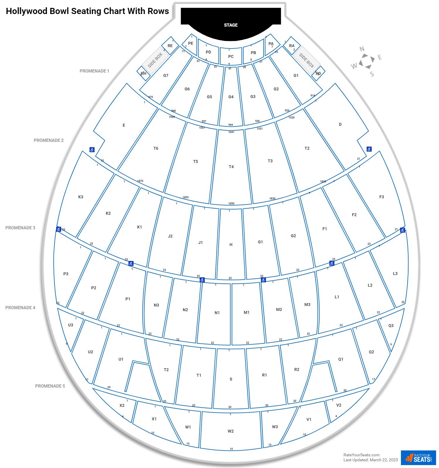 Hollywood Bowl seating chart with row numbers