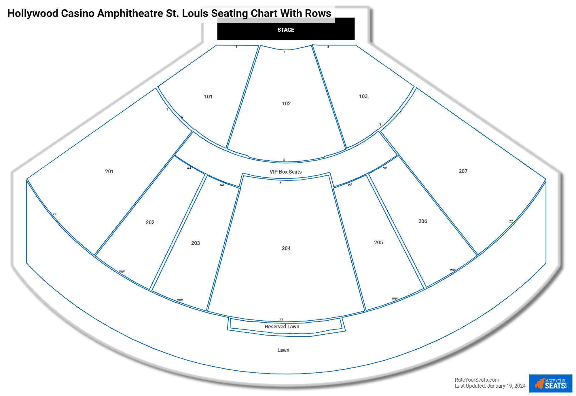 Hollywood Casino Amphitheatre St. Louis seating chart with row numbers