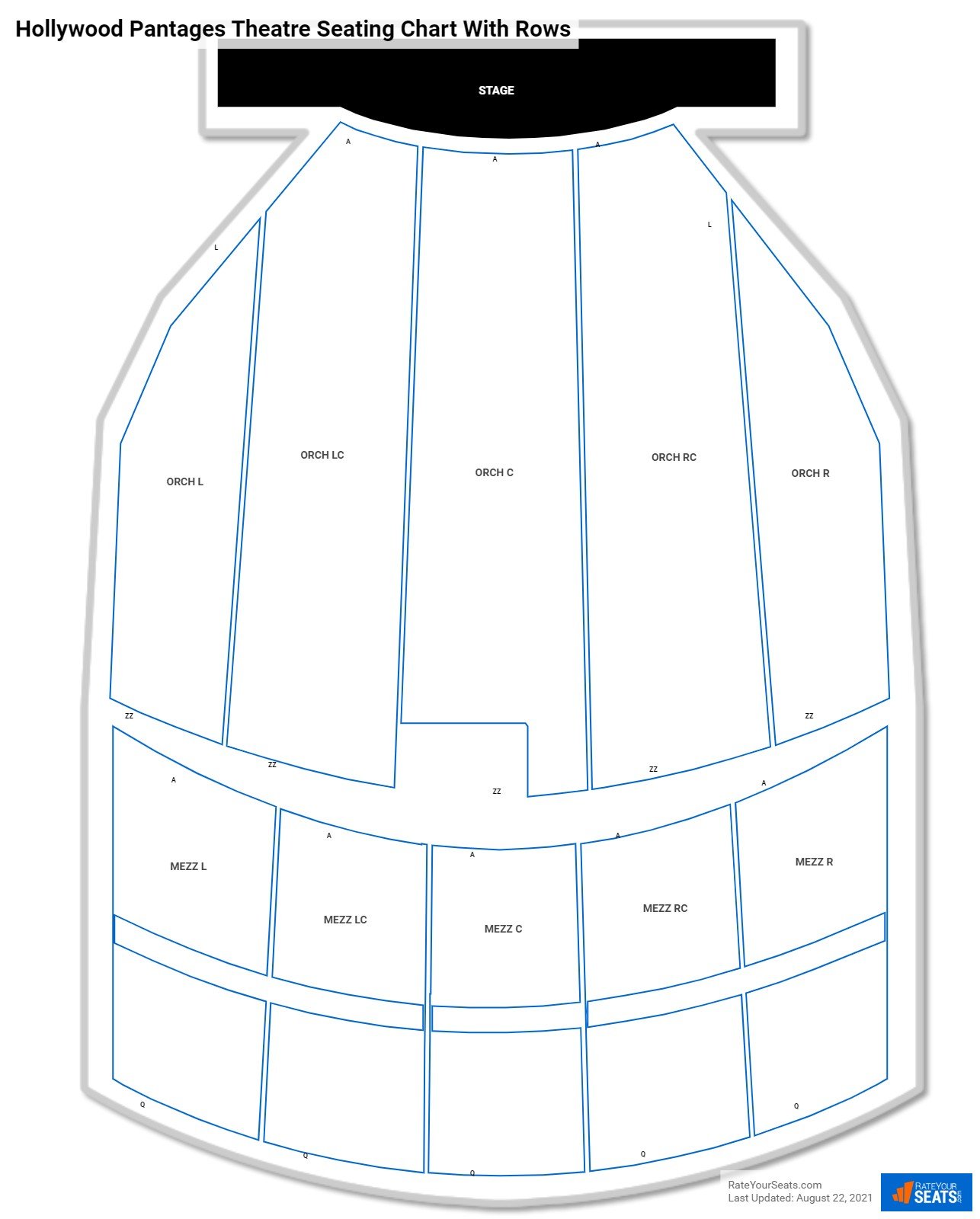 Hollywood Pantages Theatre seating chart with row numbers