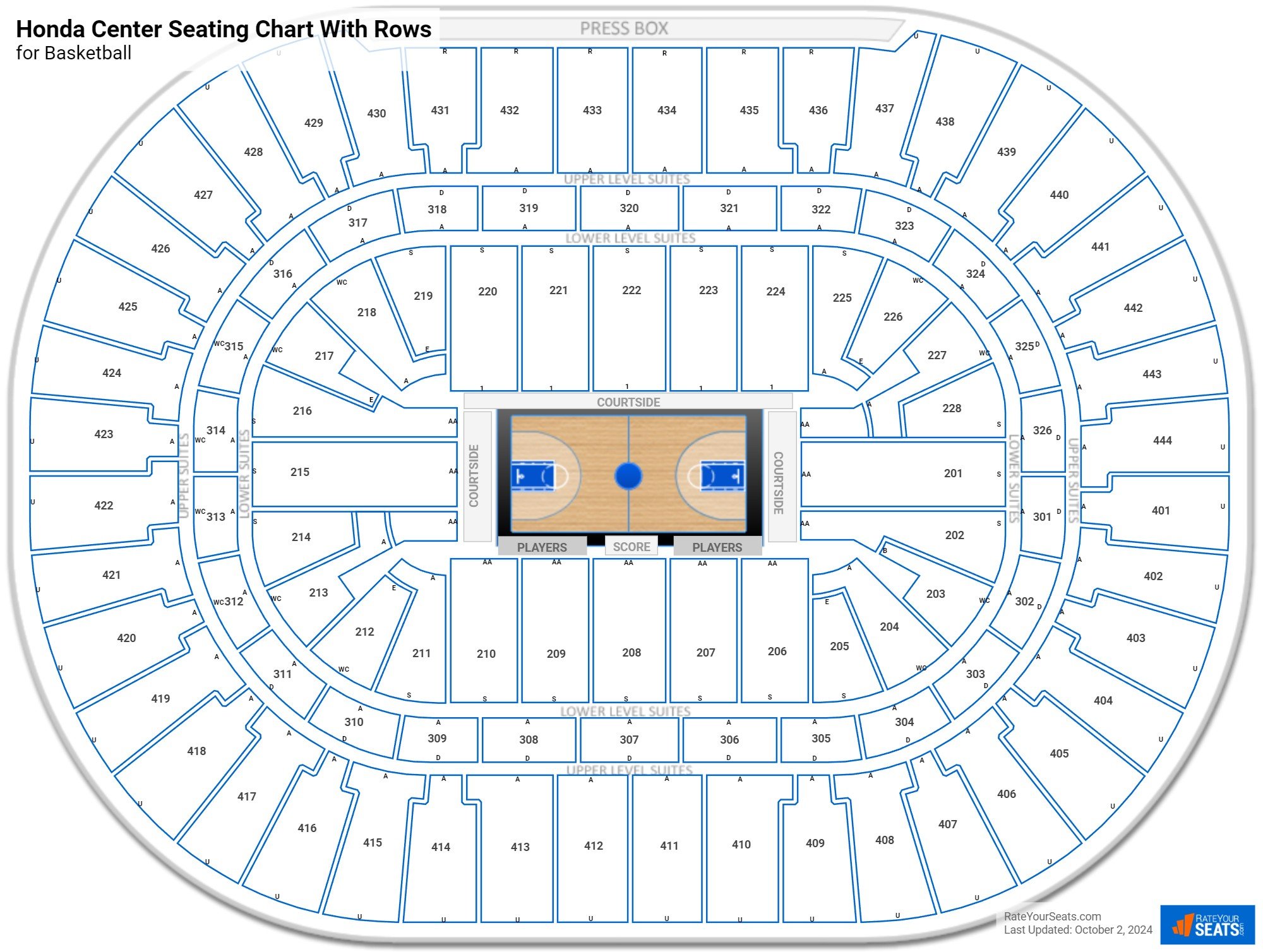 Honda Center seating chart with rows basketball