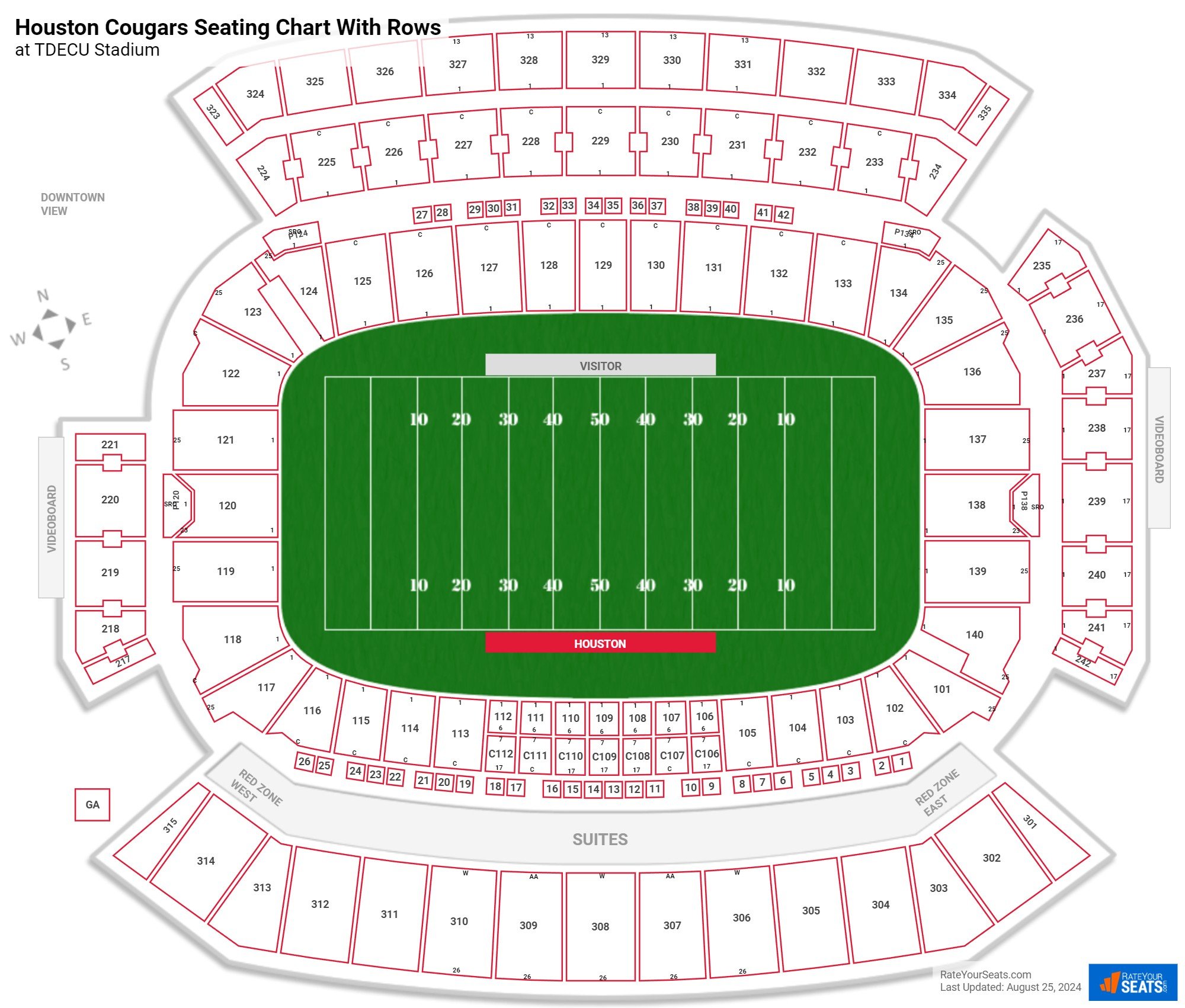 TDECU Stadium seating chart with row numbers