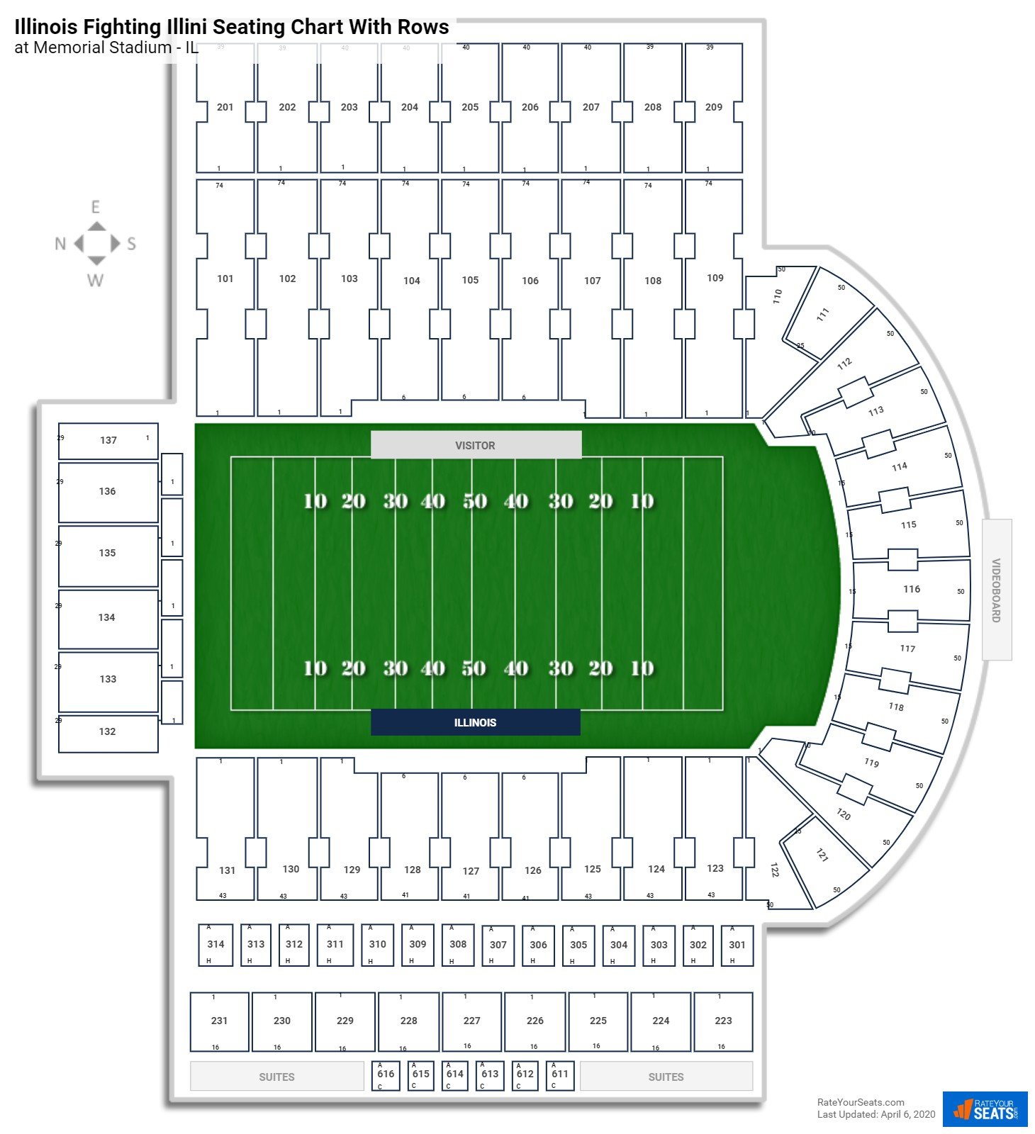 Memorial Stadium (Illinois) seating chart with row numbers