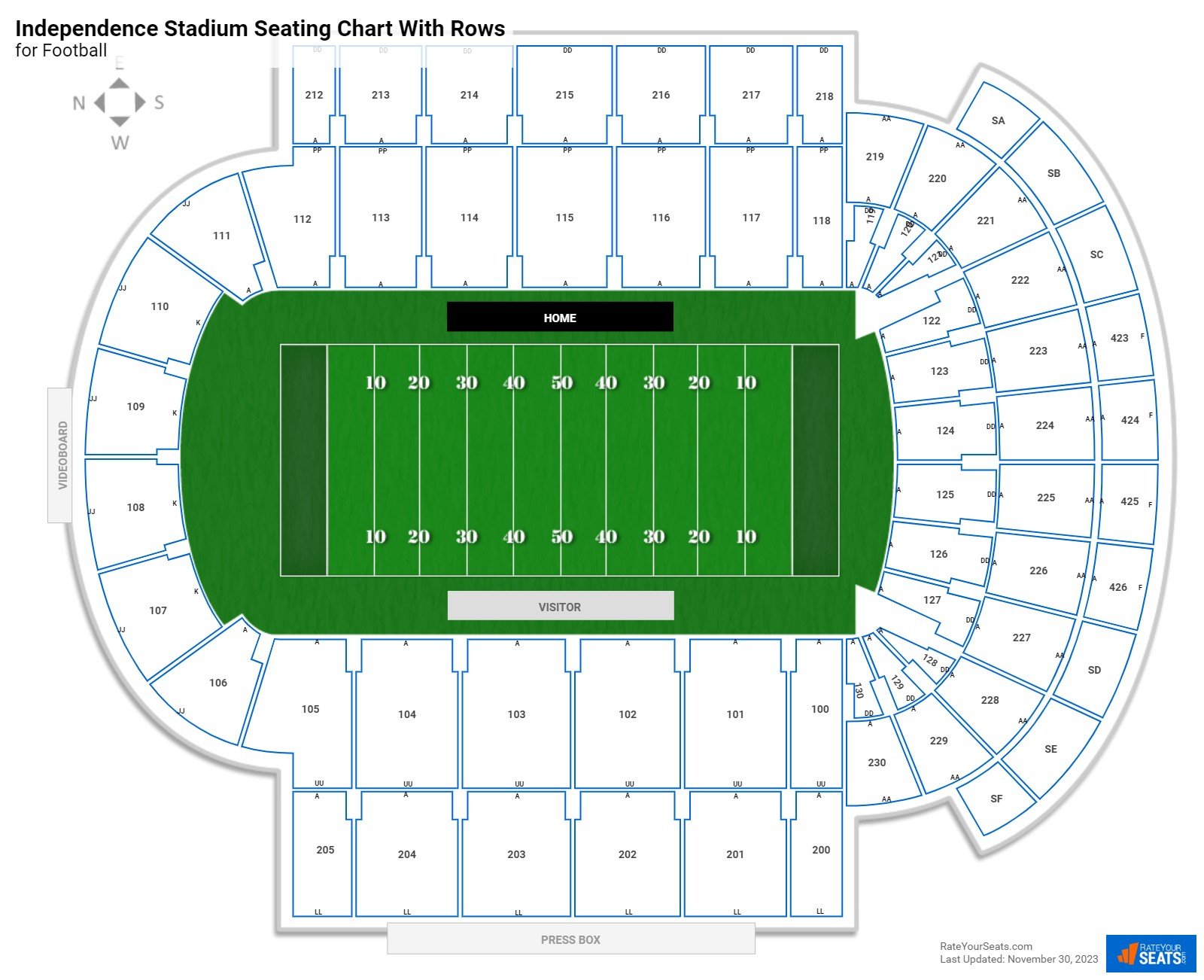 Independence Stadium seating chart with row numbers