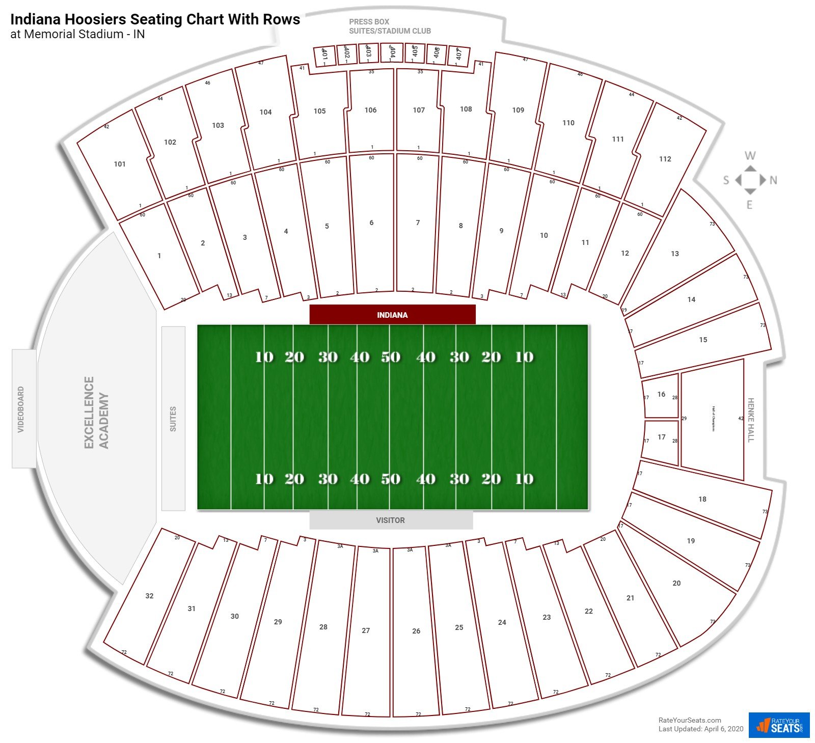 Memorial Stadium (Indiana) seating chart with row numbers