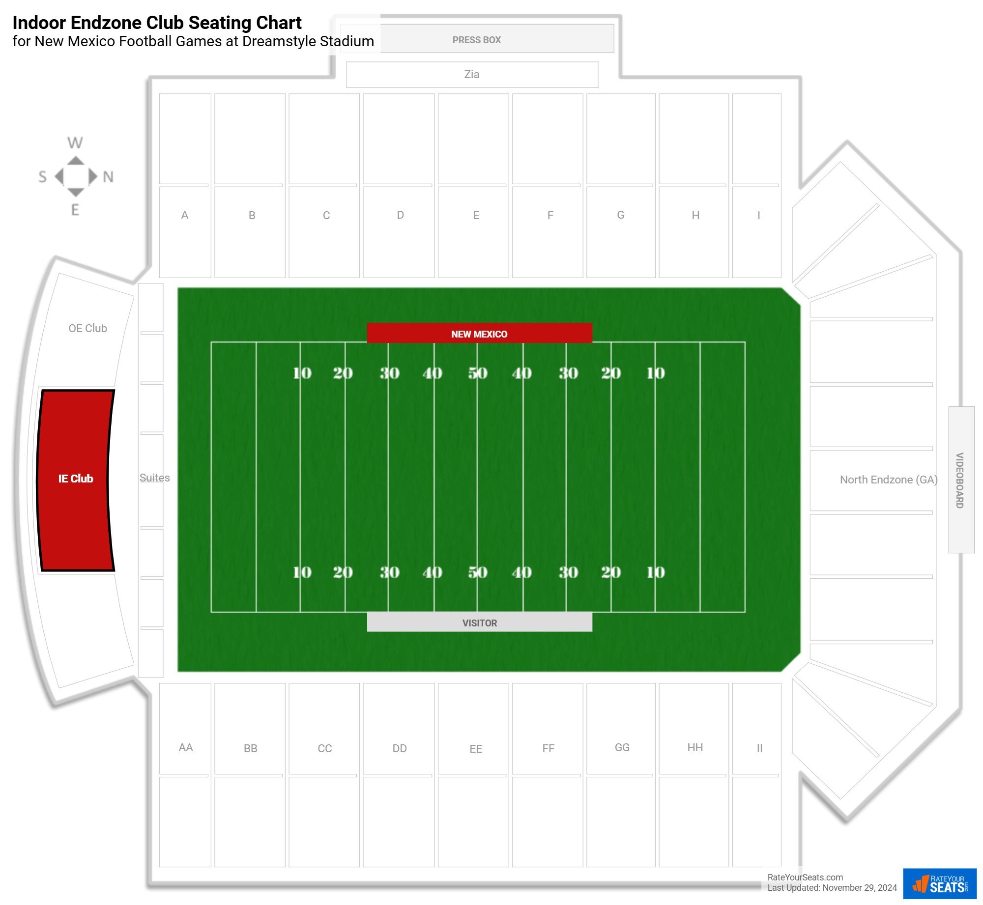 click to enlarge New Mexico Indoor Endzone Club Seating Chart at Dreamstyle Stadium