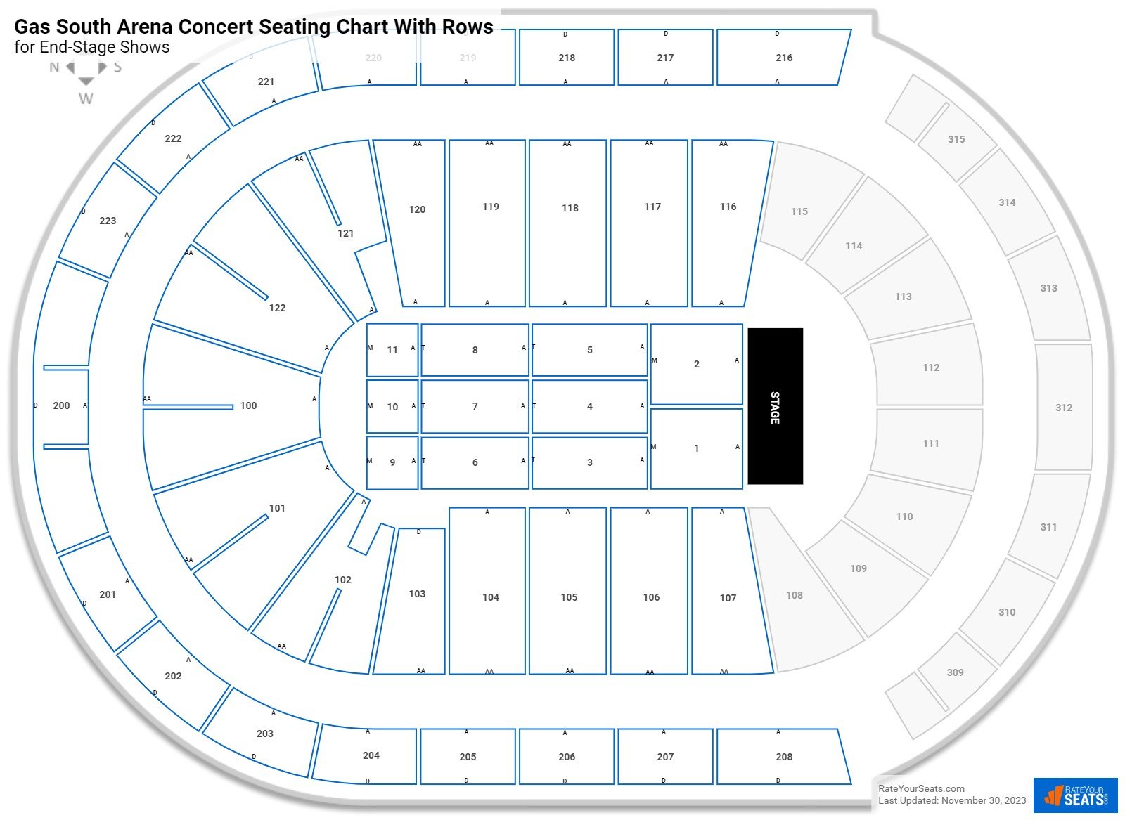 Gas South Arena seating chart with row numbers