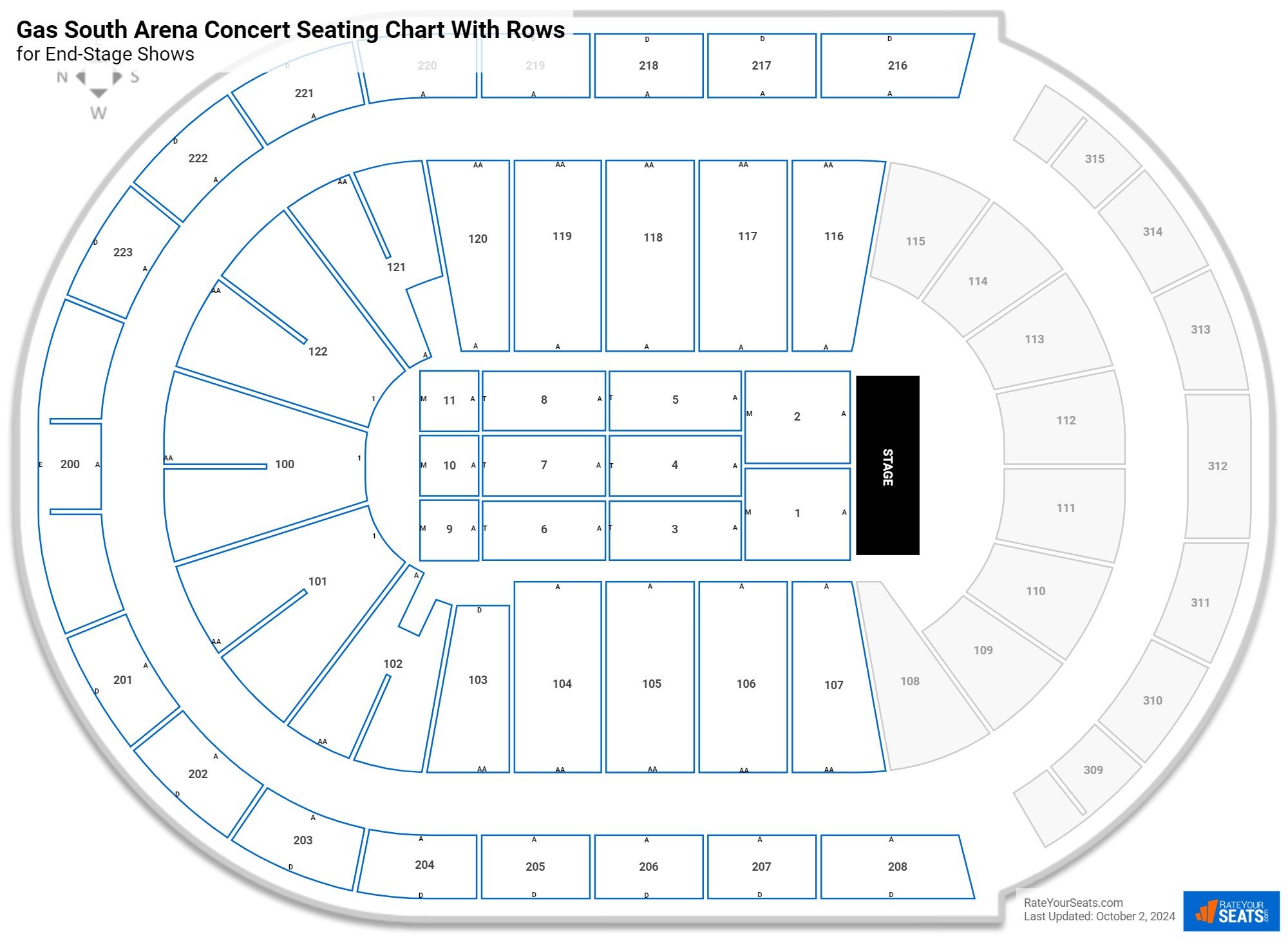 Gas South Arena seating chart with row numbers