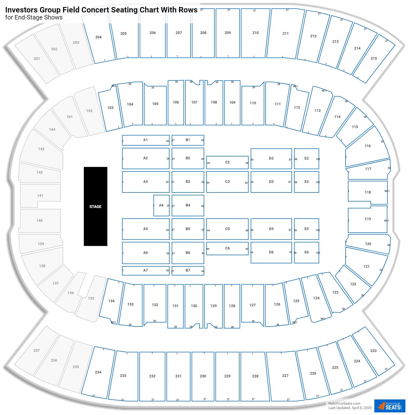 Investors Group Field seating chart with row numbers