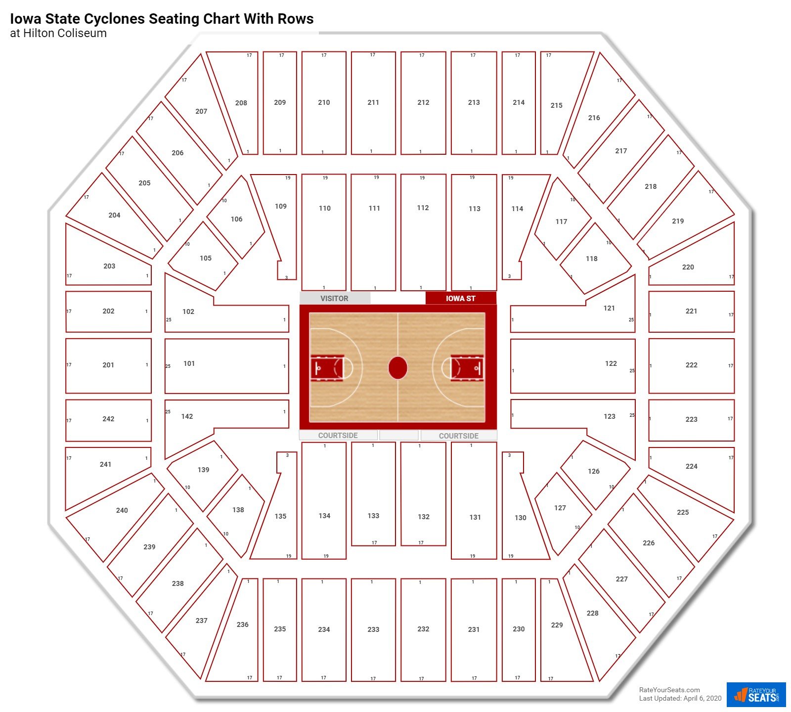 Hilton Coliseum seating chart with row numbers