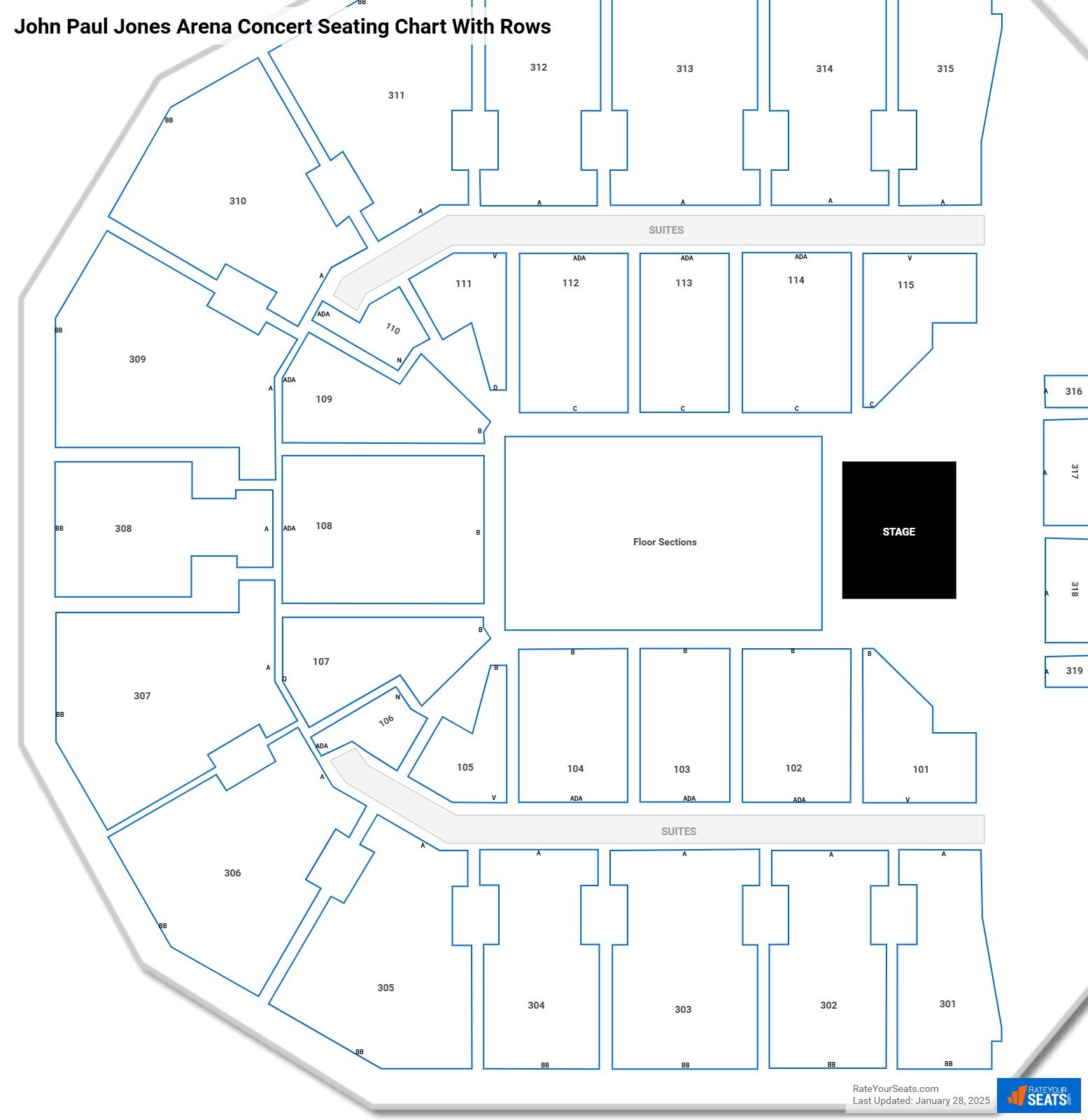 John Paul Jones Arena seating chart with row numbers