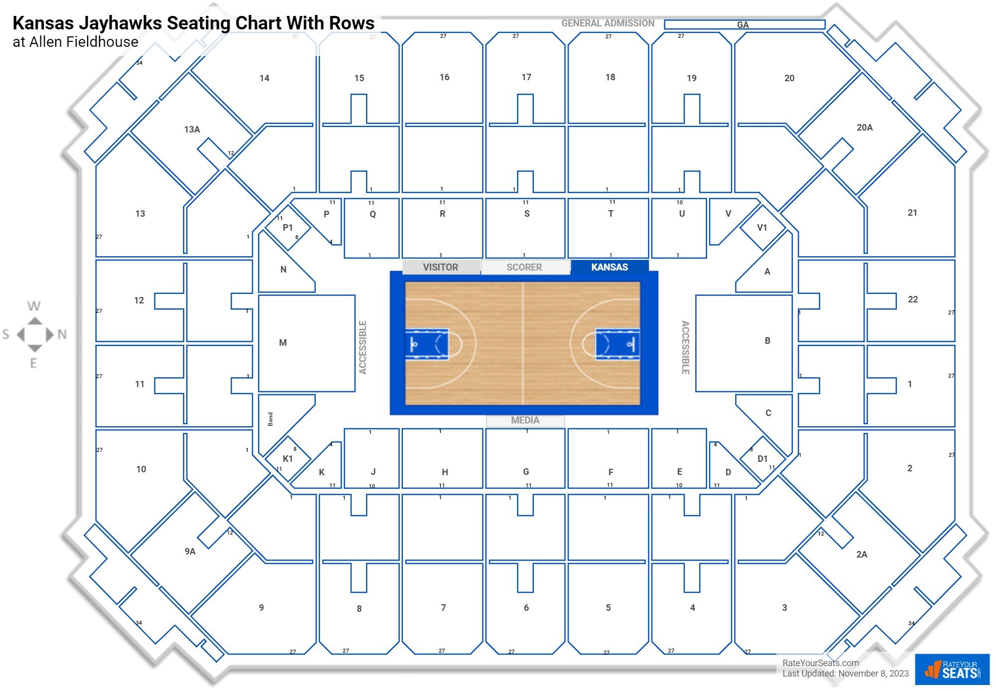 Allen Fieldhouse seating chart with row numbers