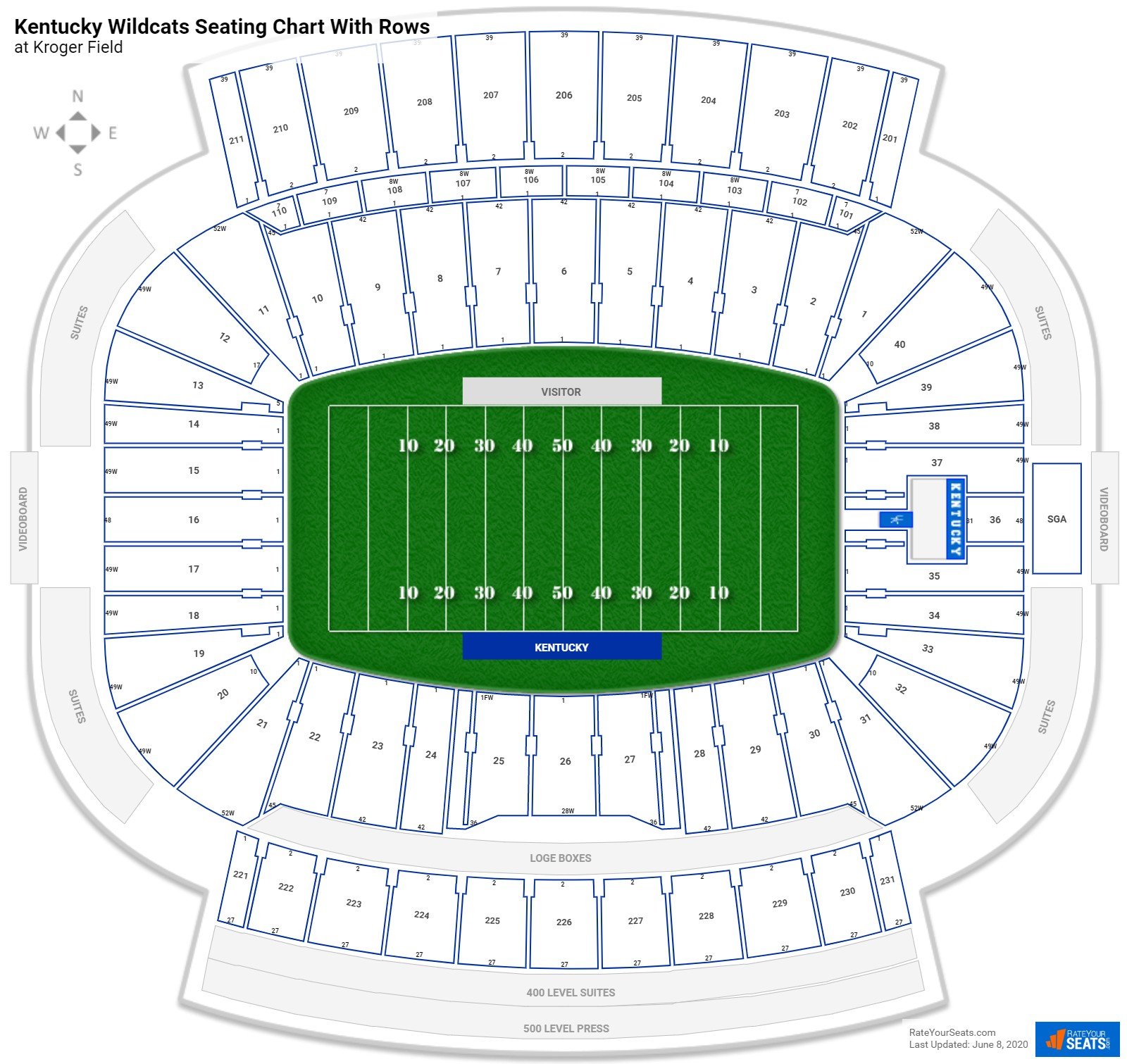Kroger Field seating chart with row numbers