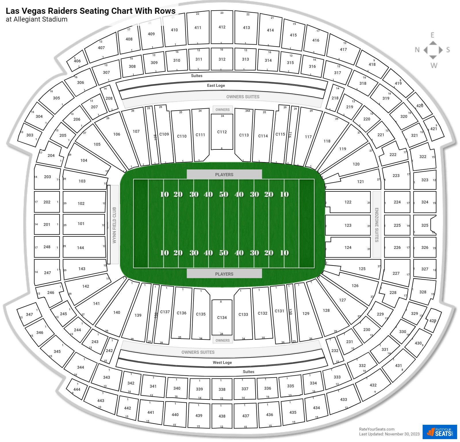 Allegiant Stadium seating chart with row numbers