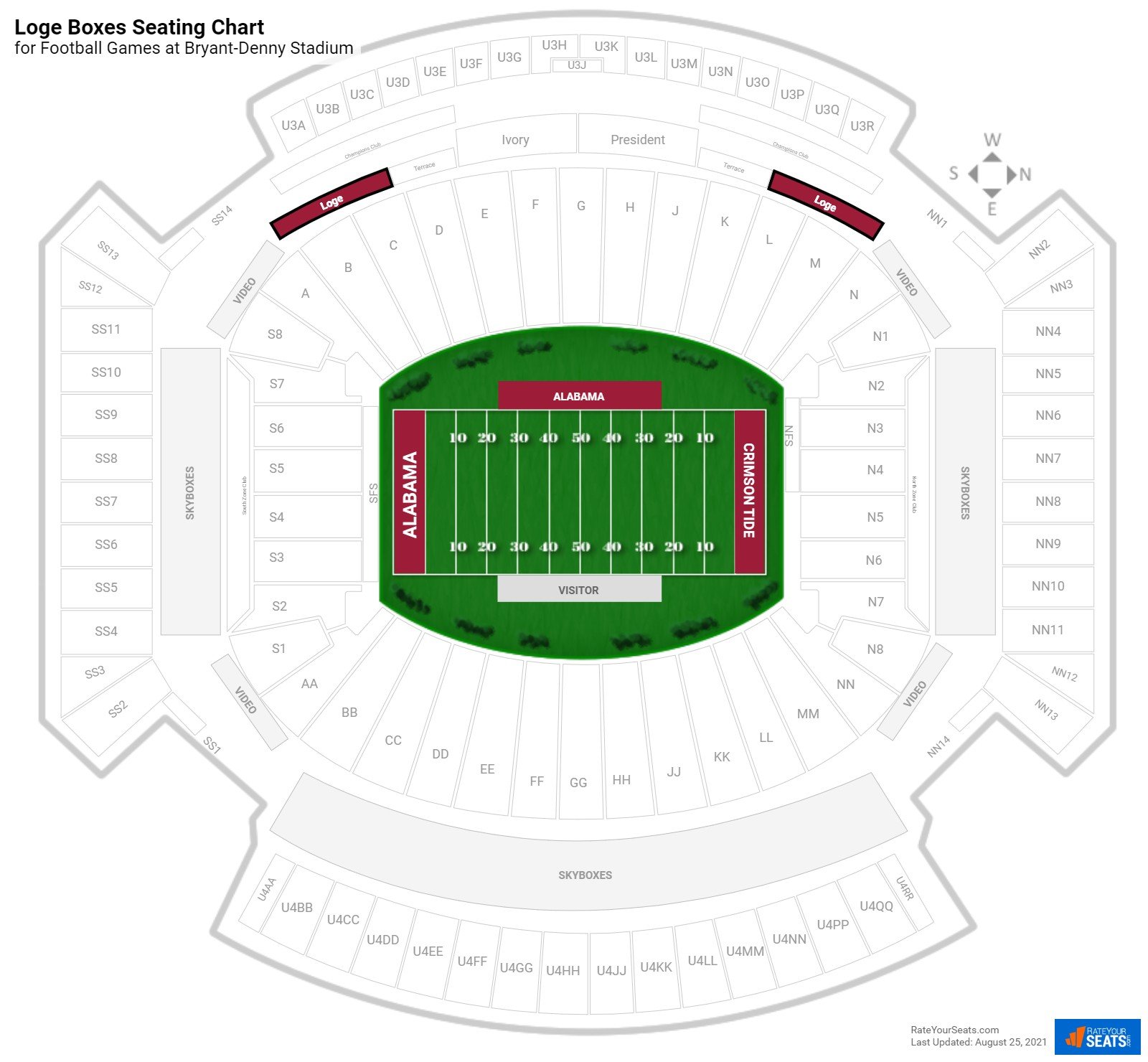 click to enlarge Football Loge Boxes Seating Chart at Bryant-Denny Stadium
