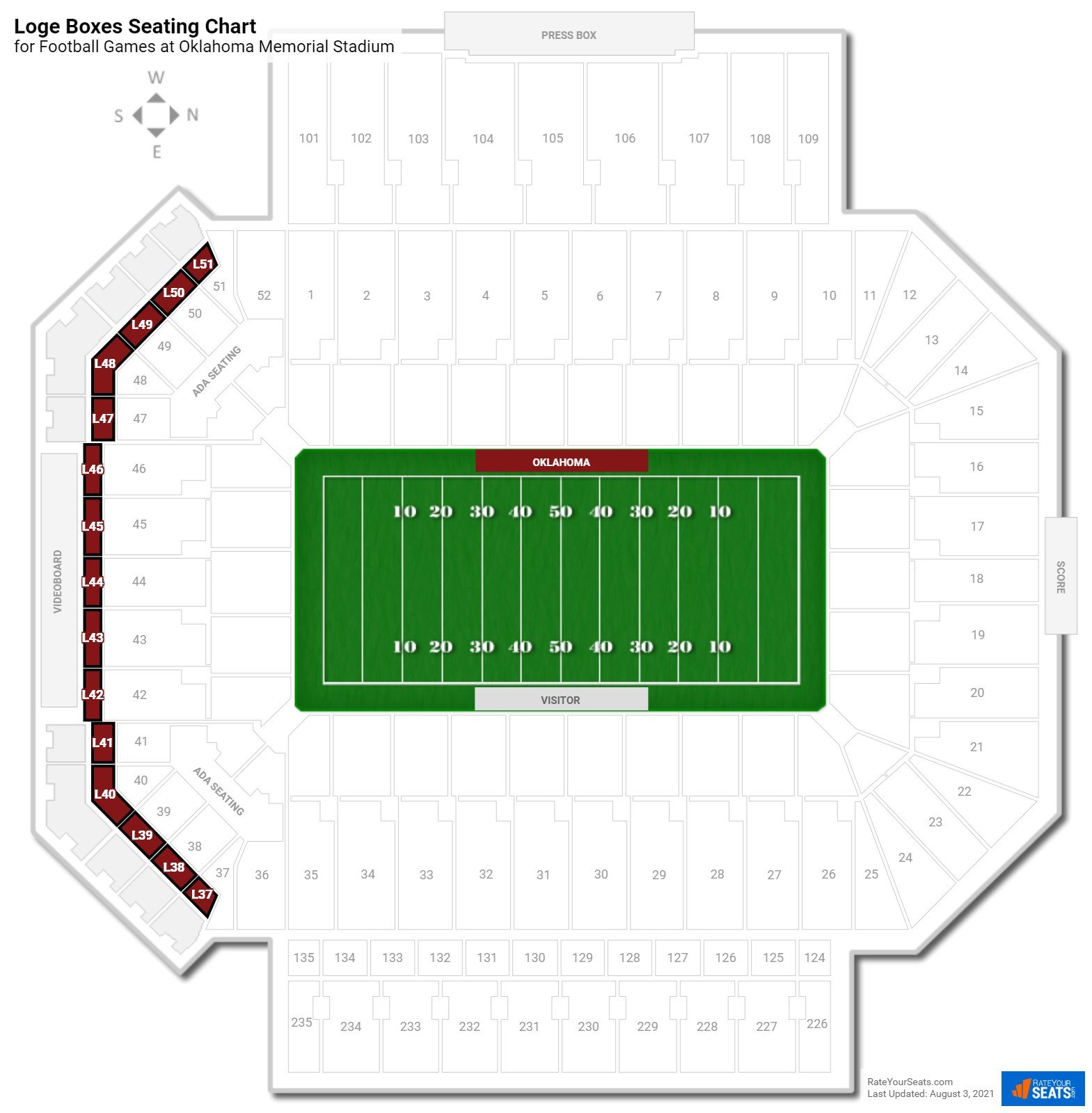 click to enlarge Football Loge Boxes Seating Chart at Oklahoma Memorial Stadium