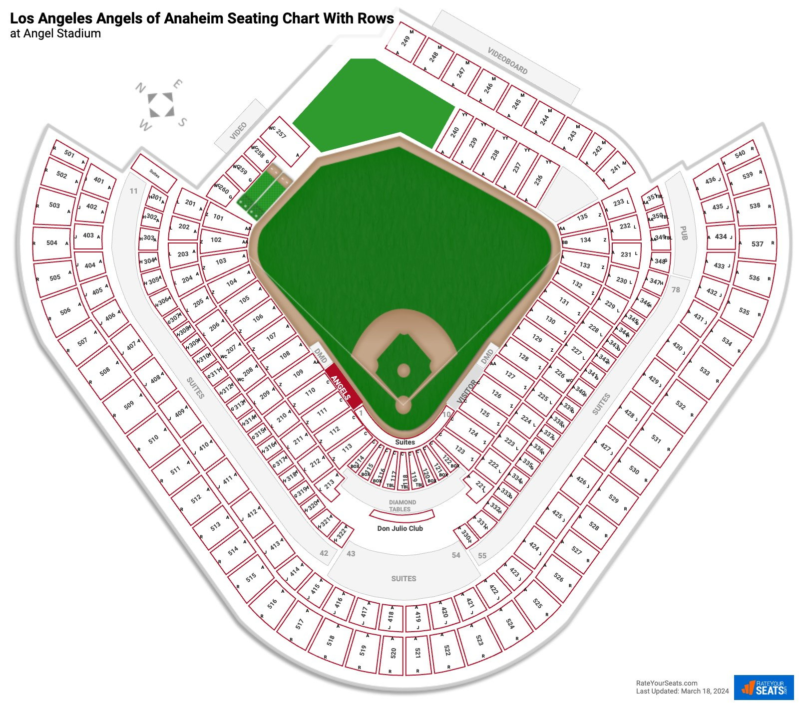 Angel Stadium seating chart with row numbers