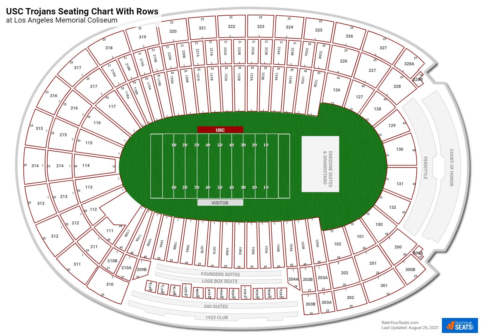 Los Angeles Memorial Coliseum seating chart with row numbers