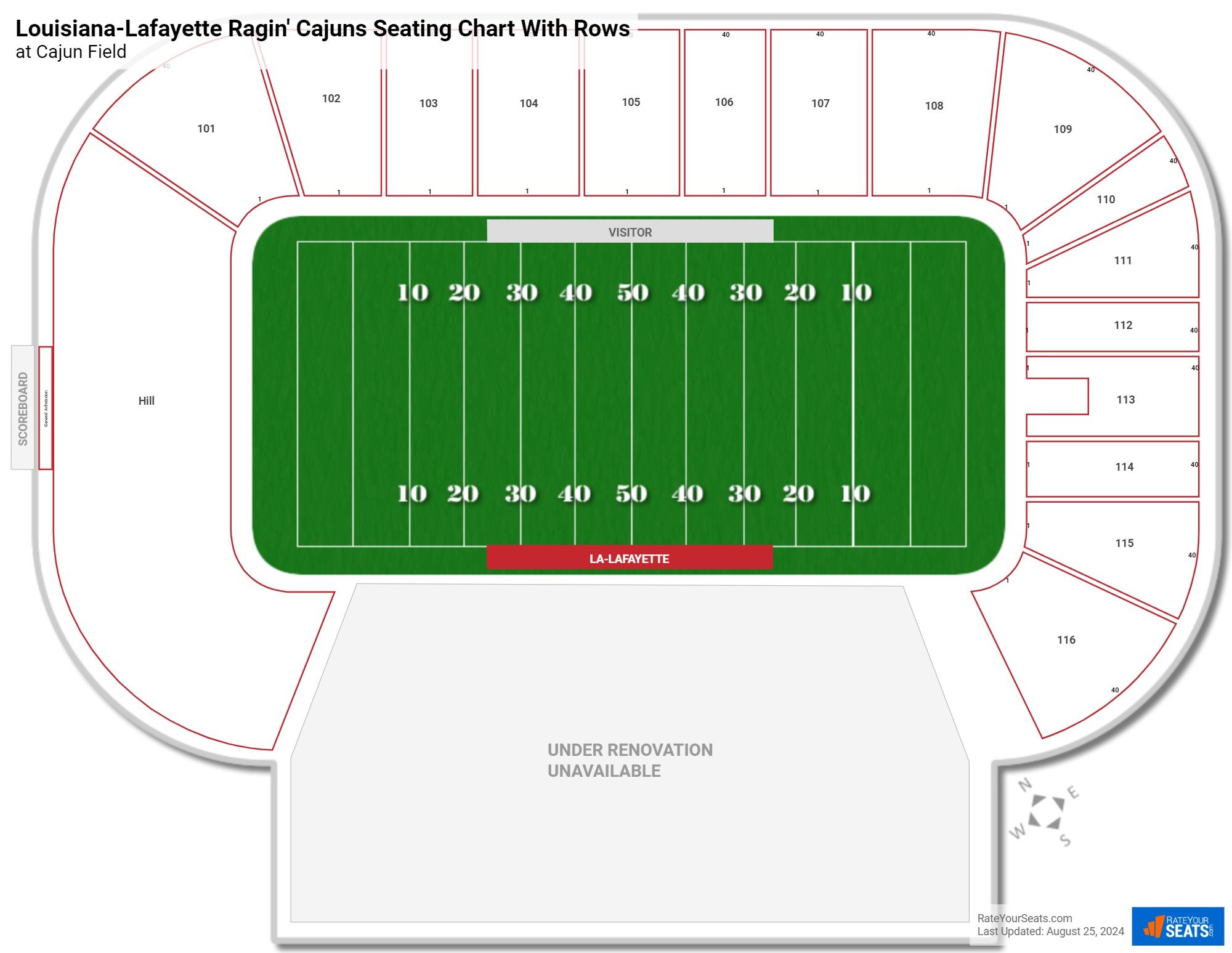 Cajun Field seating chart with row numbers