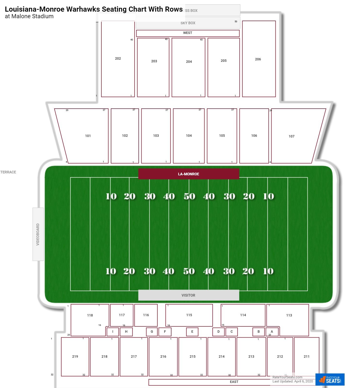 Malone Stadium seating chart with row numbers