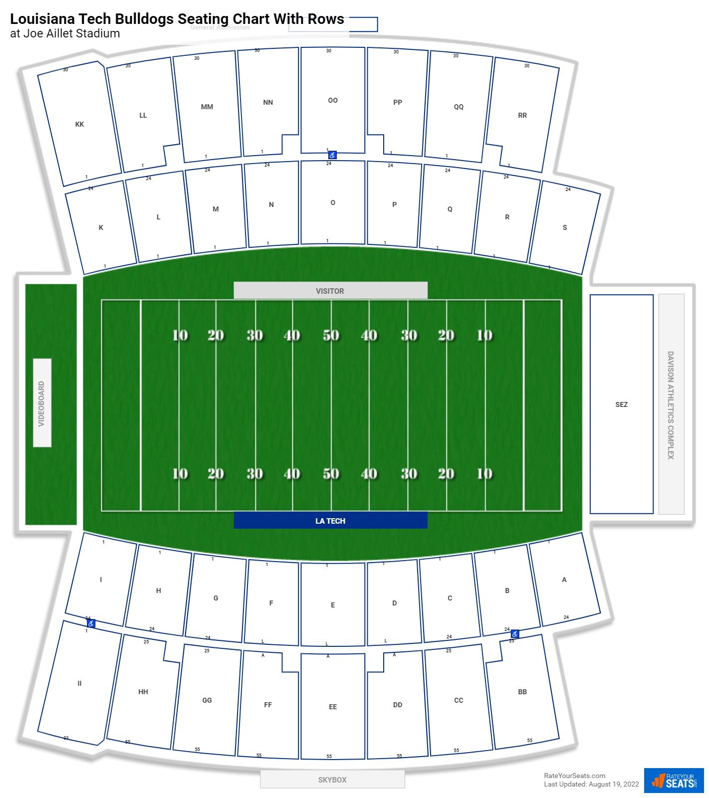 Joe Aillet Stadium seating chart with row numbers