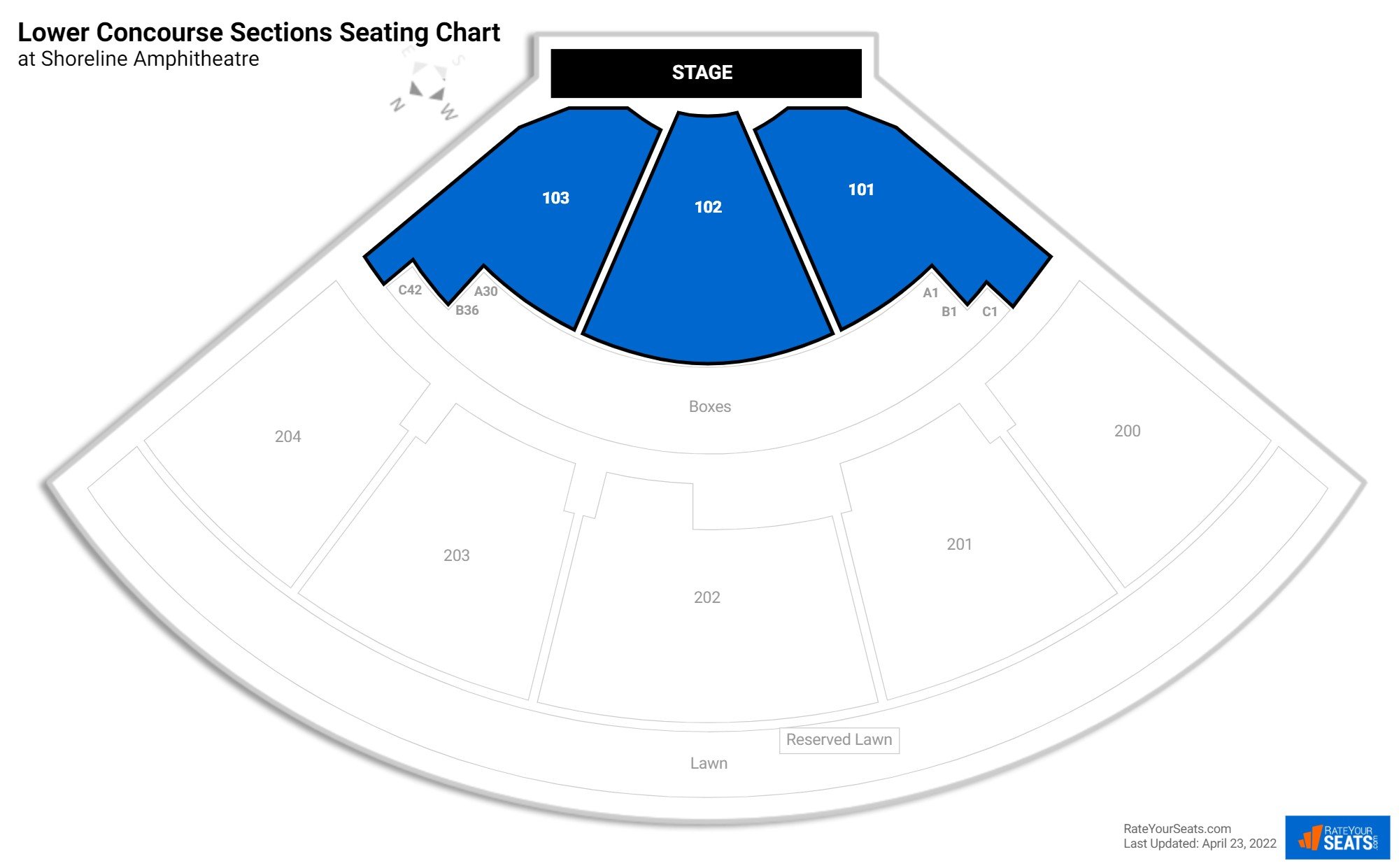 click to enlarge Concert Lower Concourse Sections Seating Chart at Shoreline Amphitheatre-CA