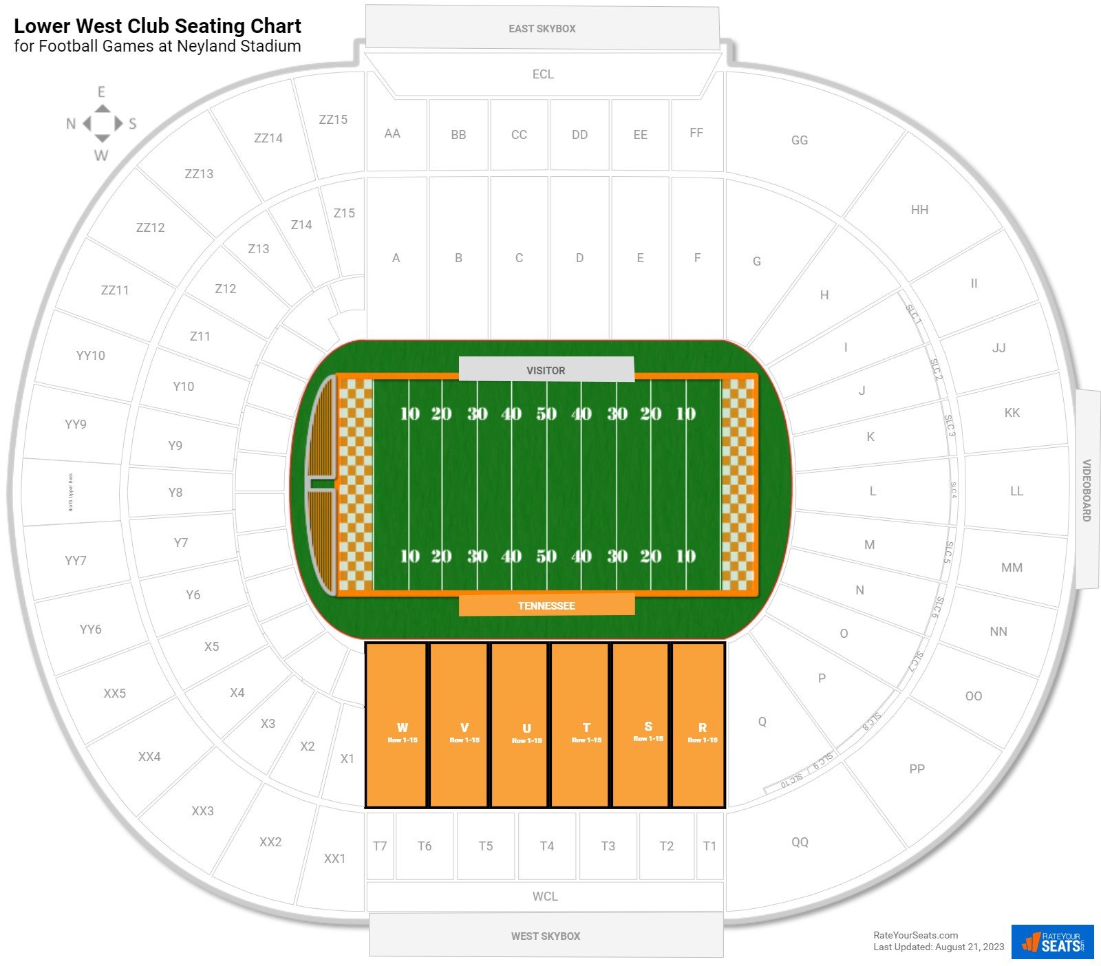 click to enlarge Football Lower West Club Seating Chart at Neyland Stadium