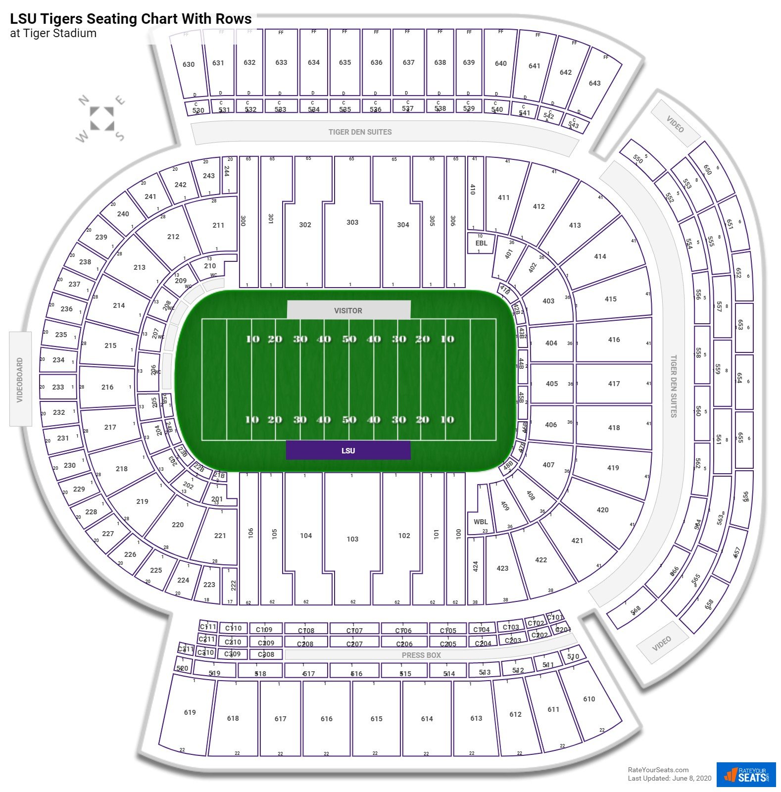 Tiger Stadium seating chart with row numbers
