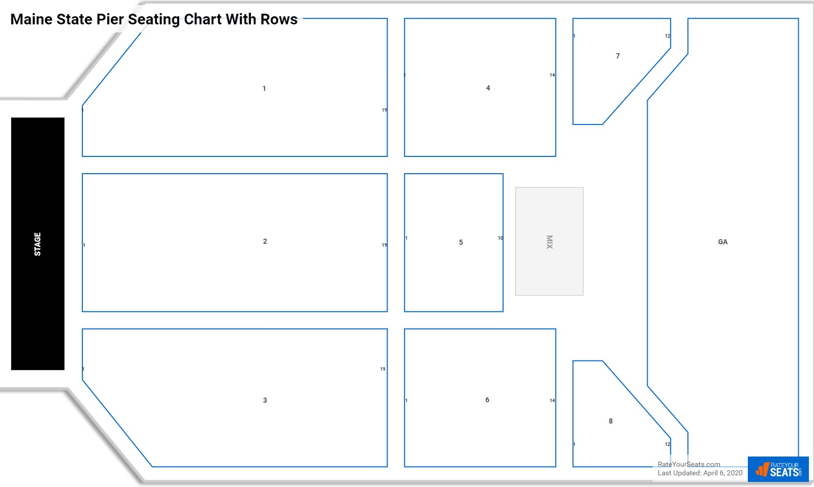 Maine State Pier seating chart with rows