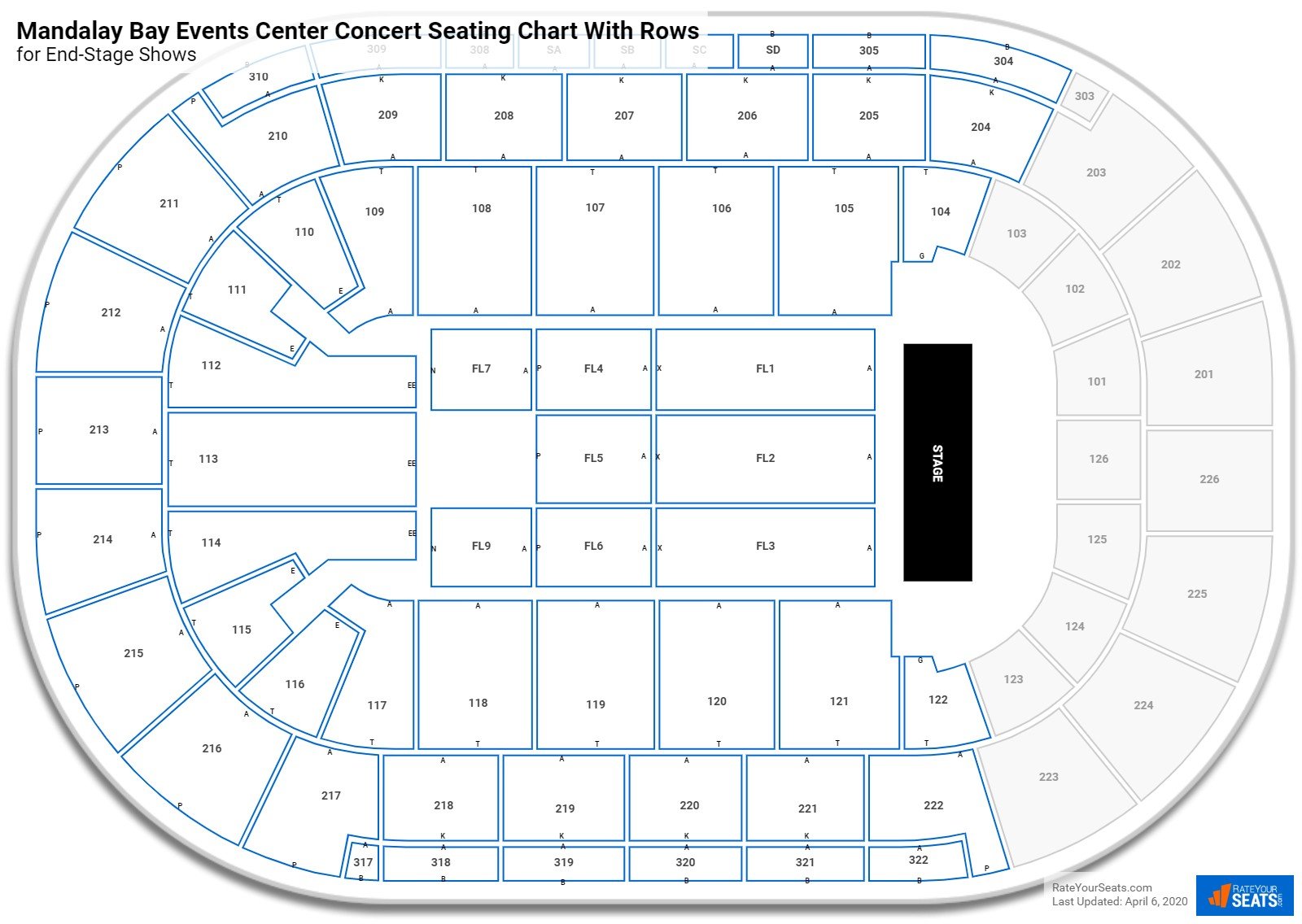 Michelob ULTRA Arena seating chart with row numbers