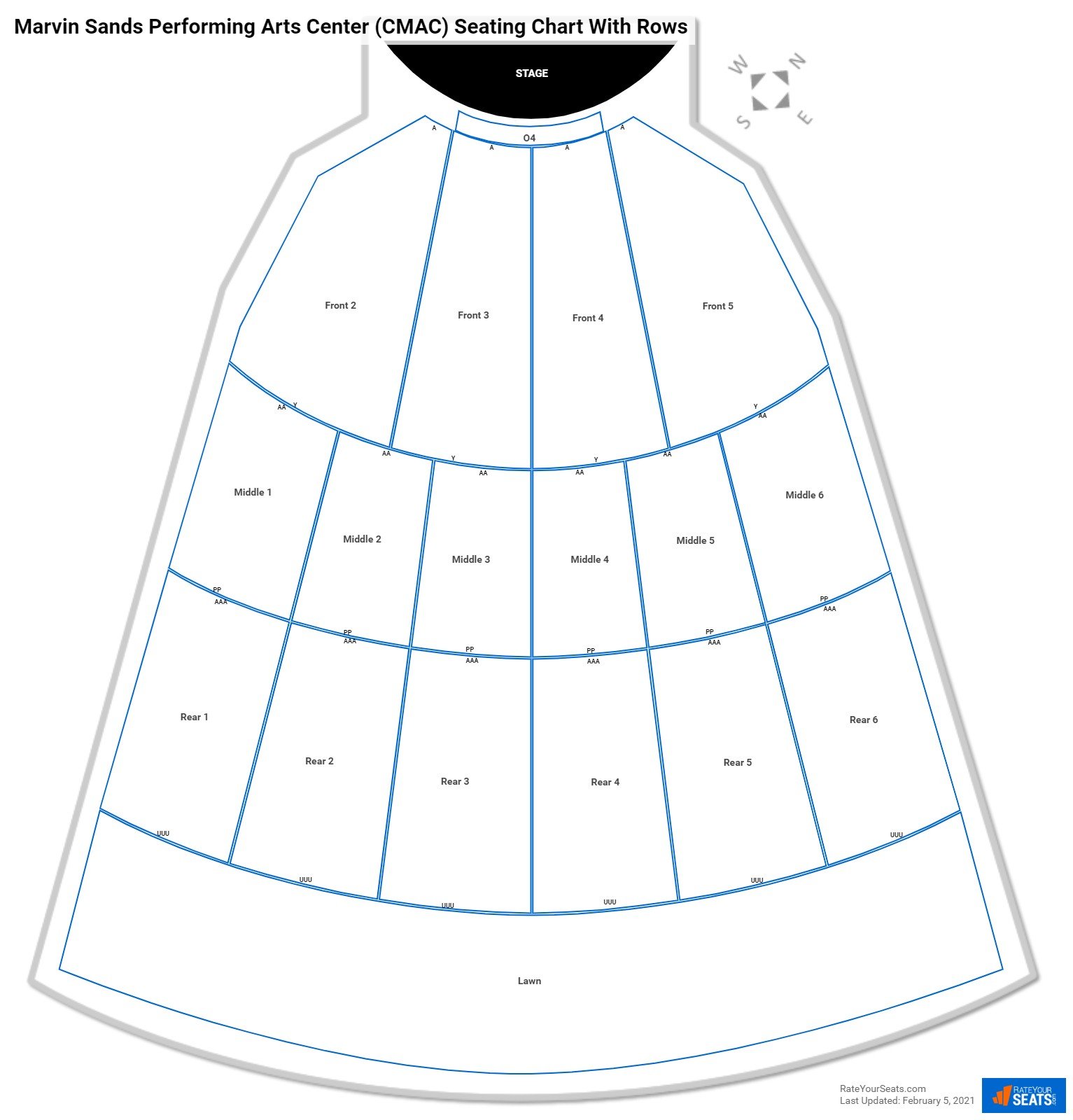 CMAC (Marvin Sands Performing Arts Center) seating chart with row numbers