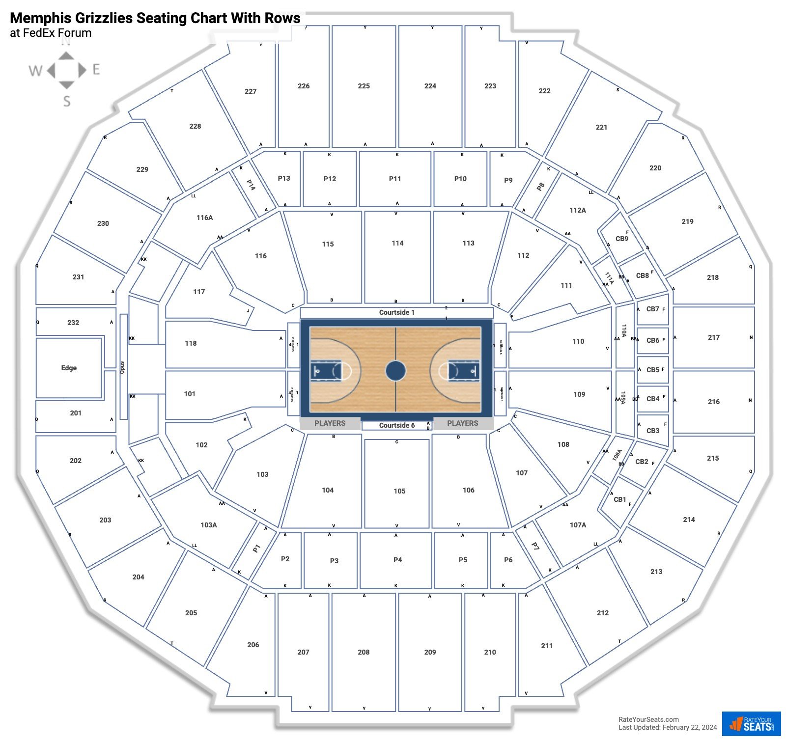 FedEx Forum seating chart with row numbers