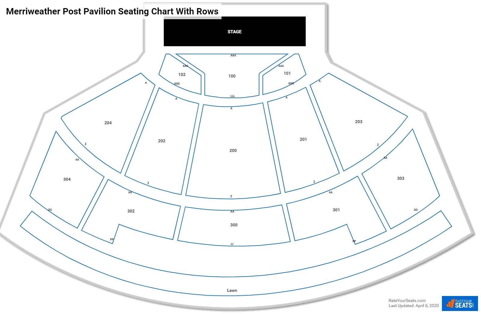 Merriweather Post Pavilion seating chart with row numbers