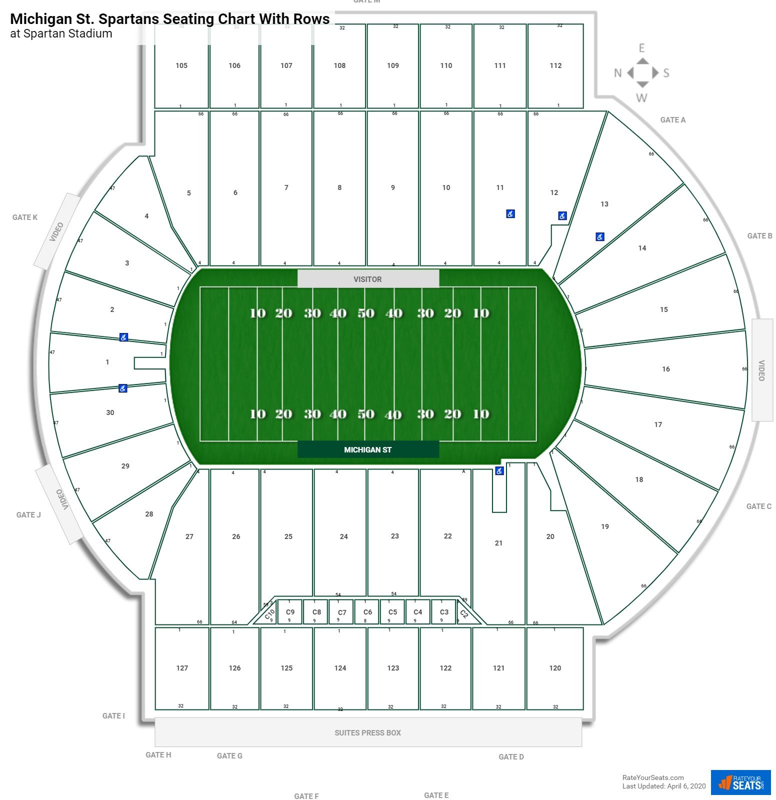 Spartan Stadium seating chart with row numbers