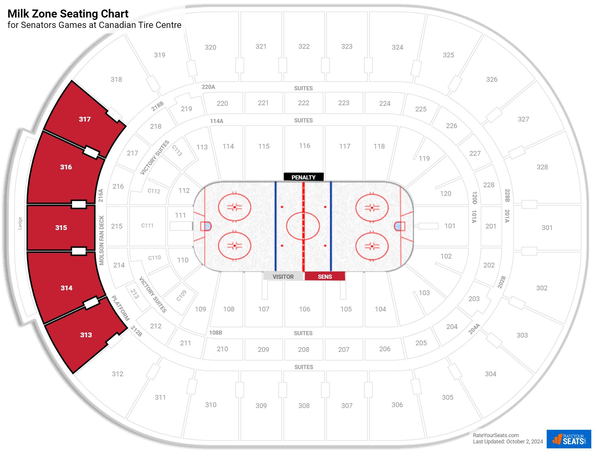 click to enlarge Senators Milk Zone Seating Chart at Canadian Tire Centre