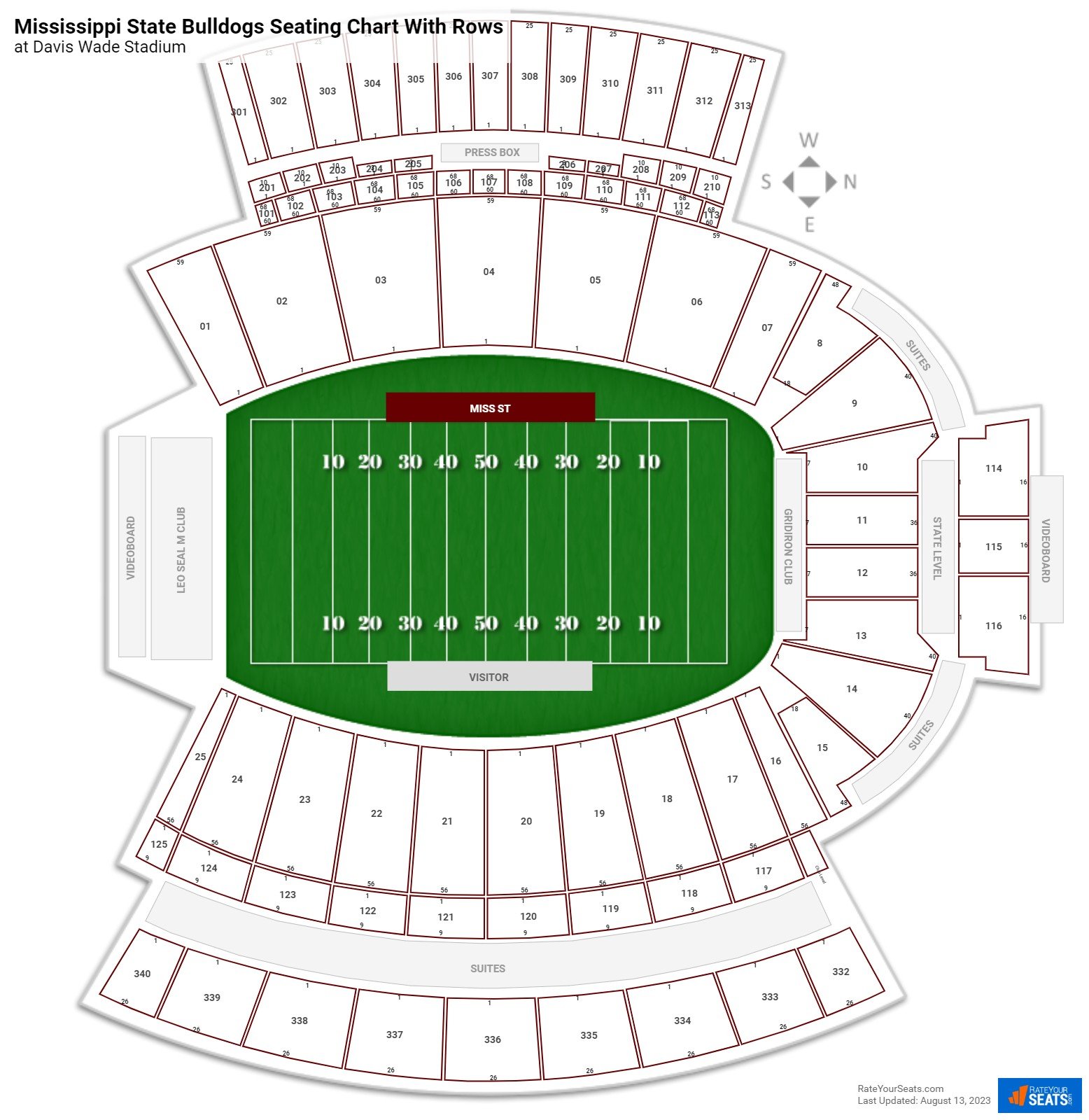 Davis Wade Stadium seating chart with row numbers