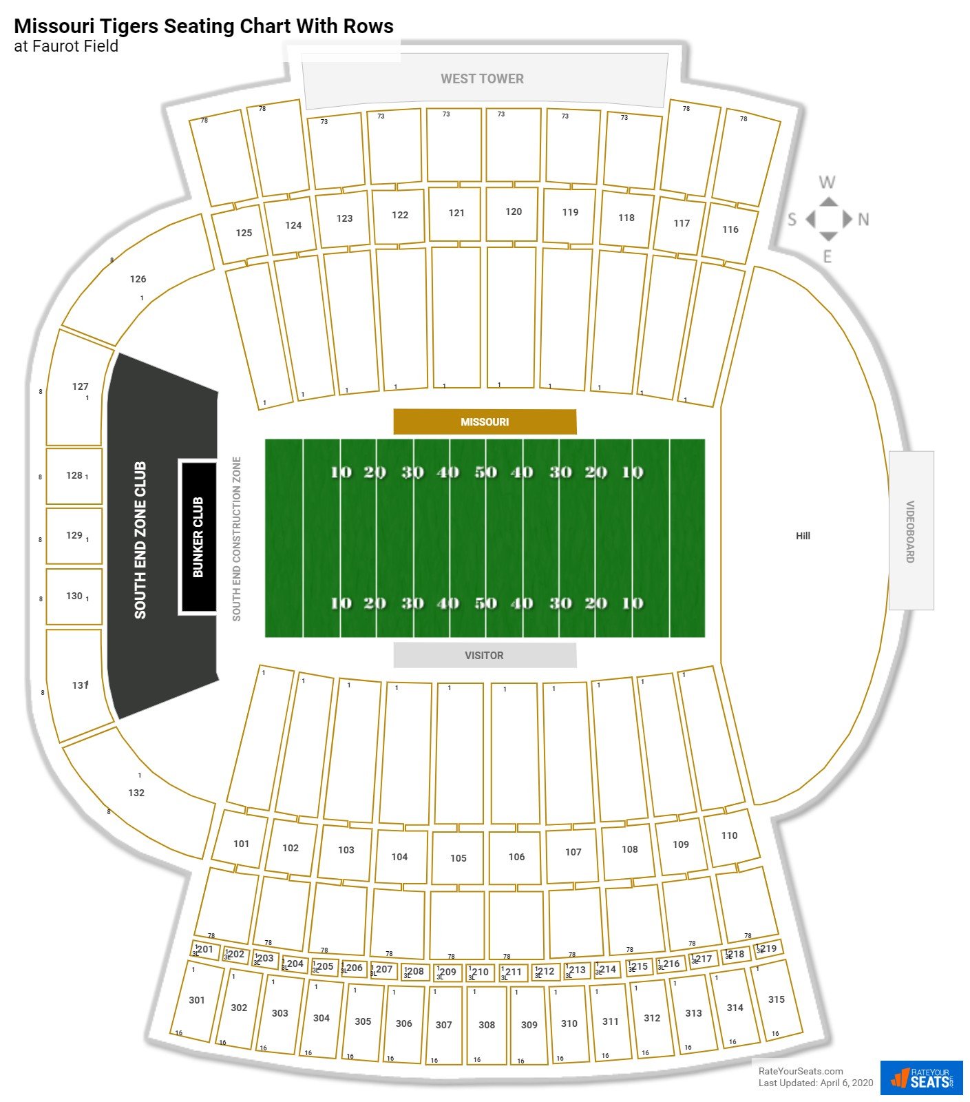 Faurot Field seating chart with row numbers