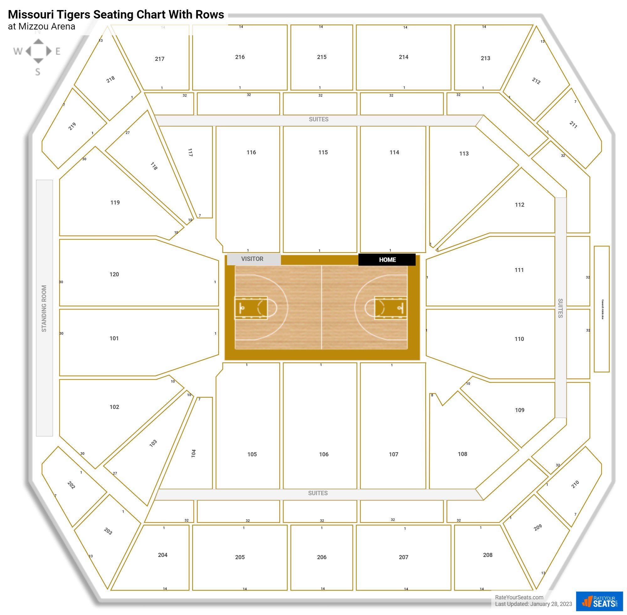 Mizzou Arena seating chart with row numbers