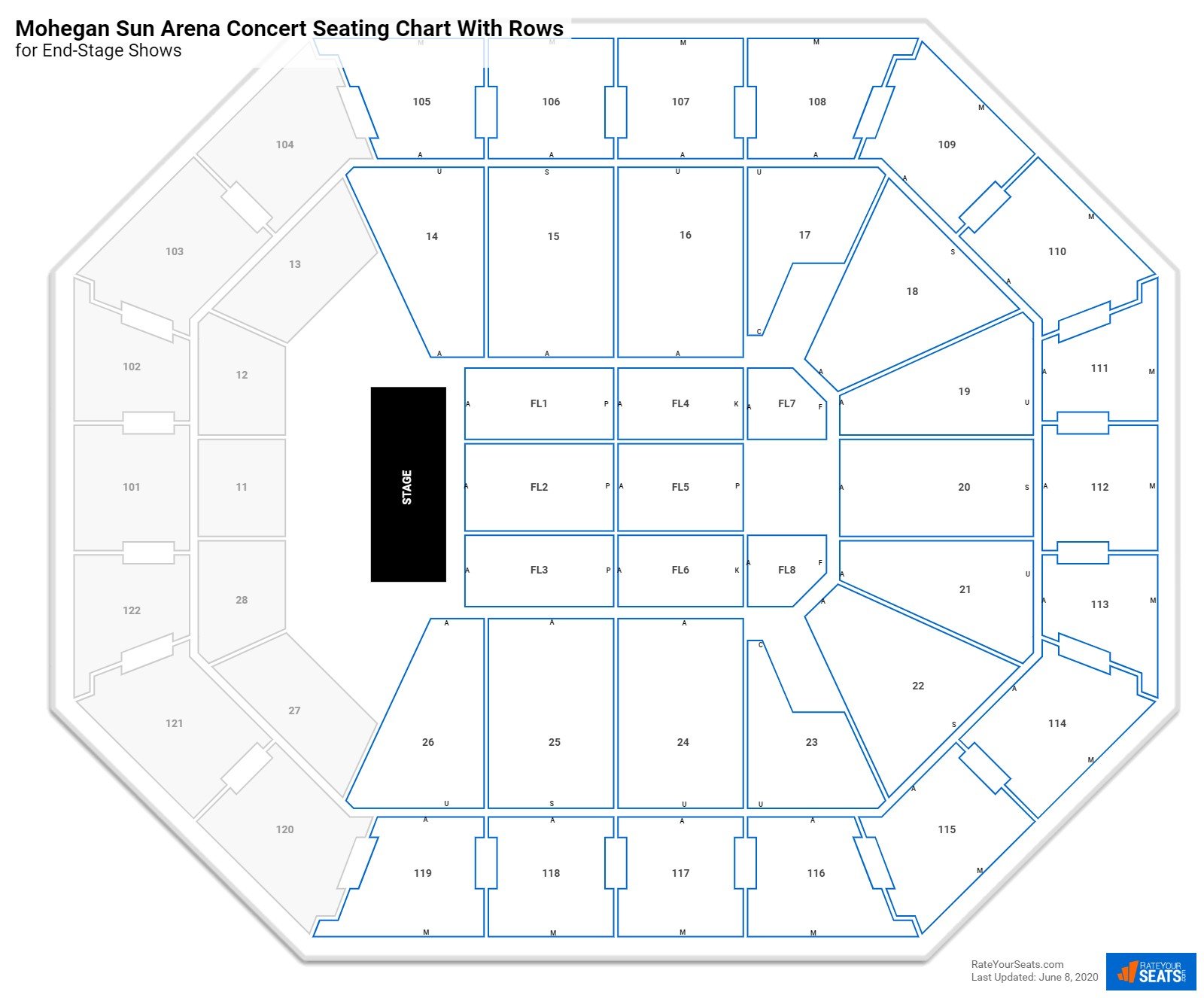 Mohegan Sun Arena seating chart with row numbers