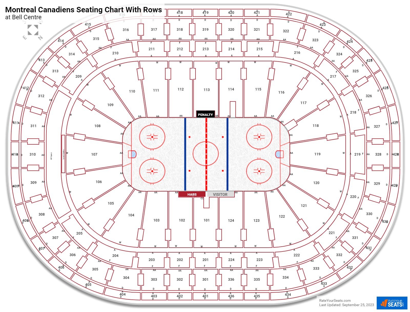 Bell Centre seating chart with row numbers