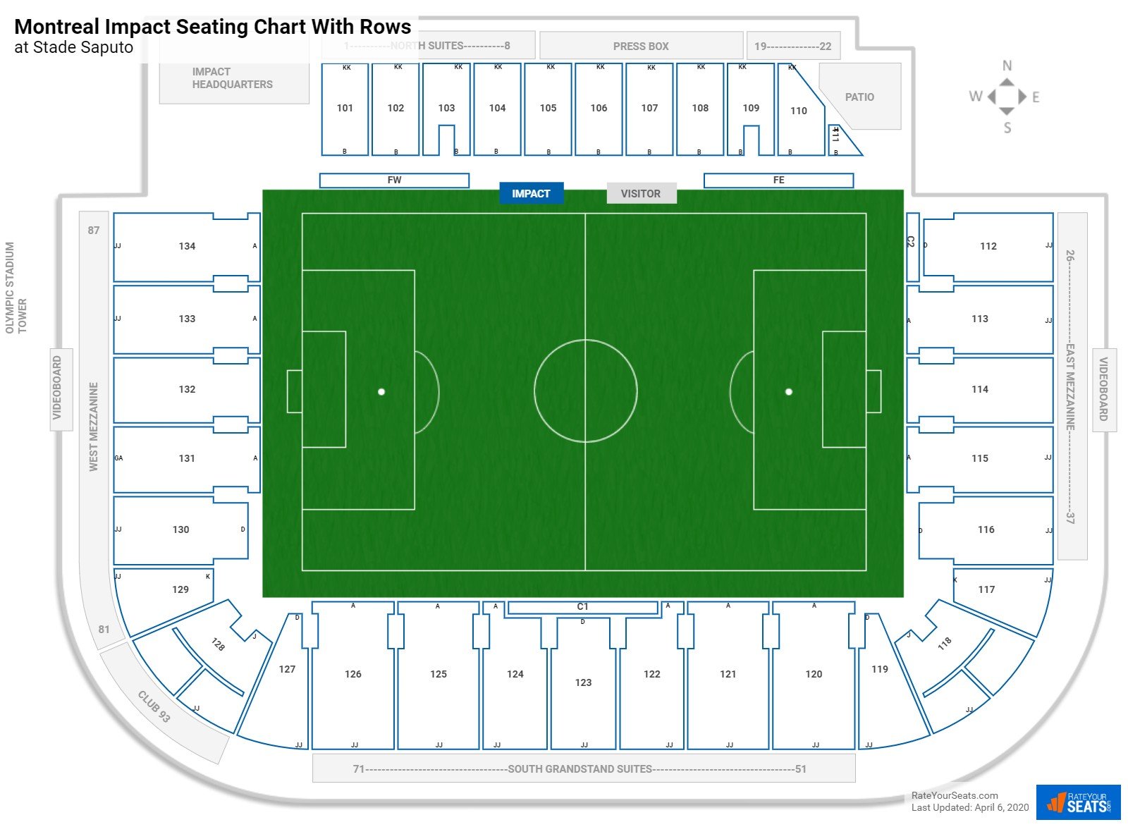 Stade Saputo seating chart with row numbers