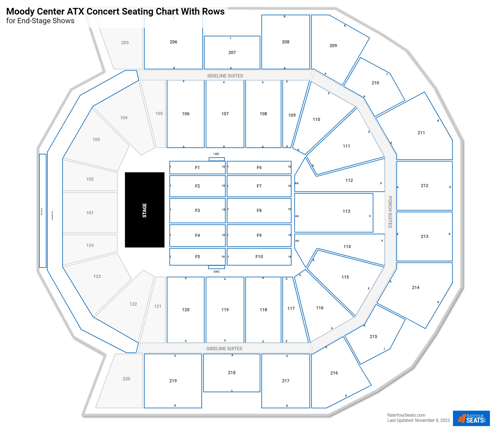 Moody Center ATX seating chart with row numbers