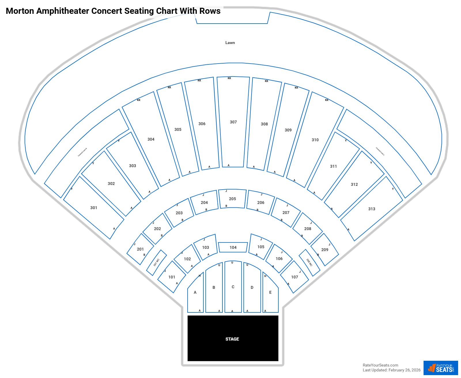 Morton Amphitheater seating chart with row numbers