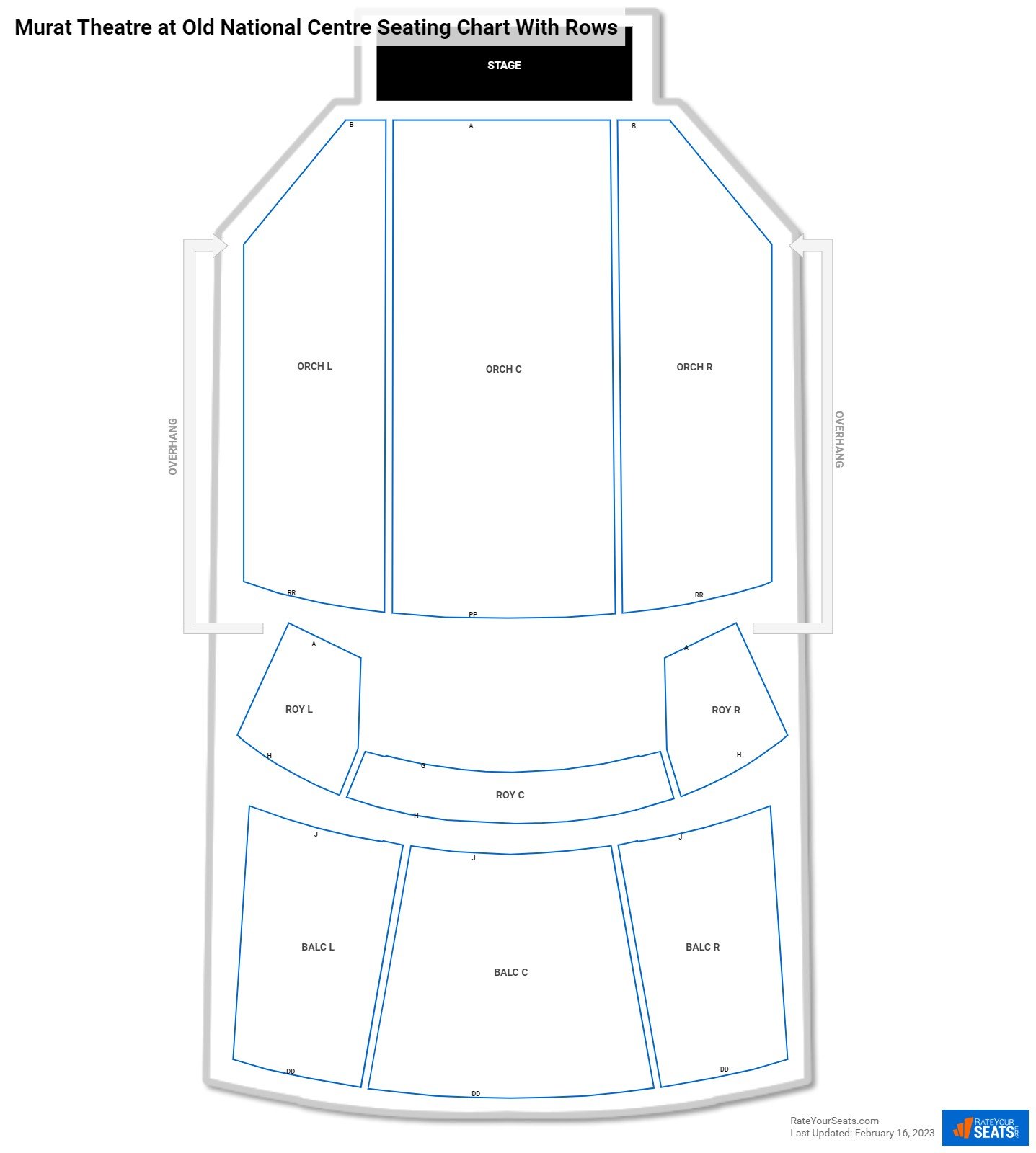 Murat Theatre at Old National Centre seating chart with row numbers