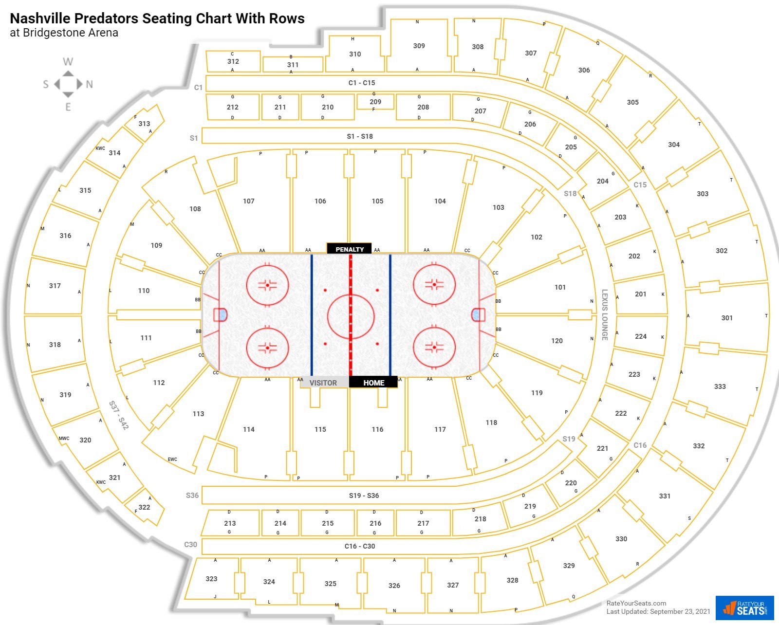 Bridgestone Arena seating chart with row numbers