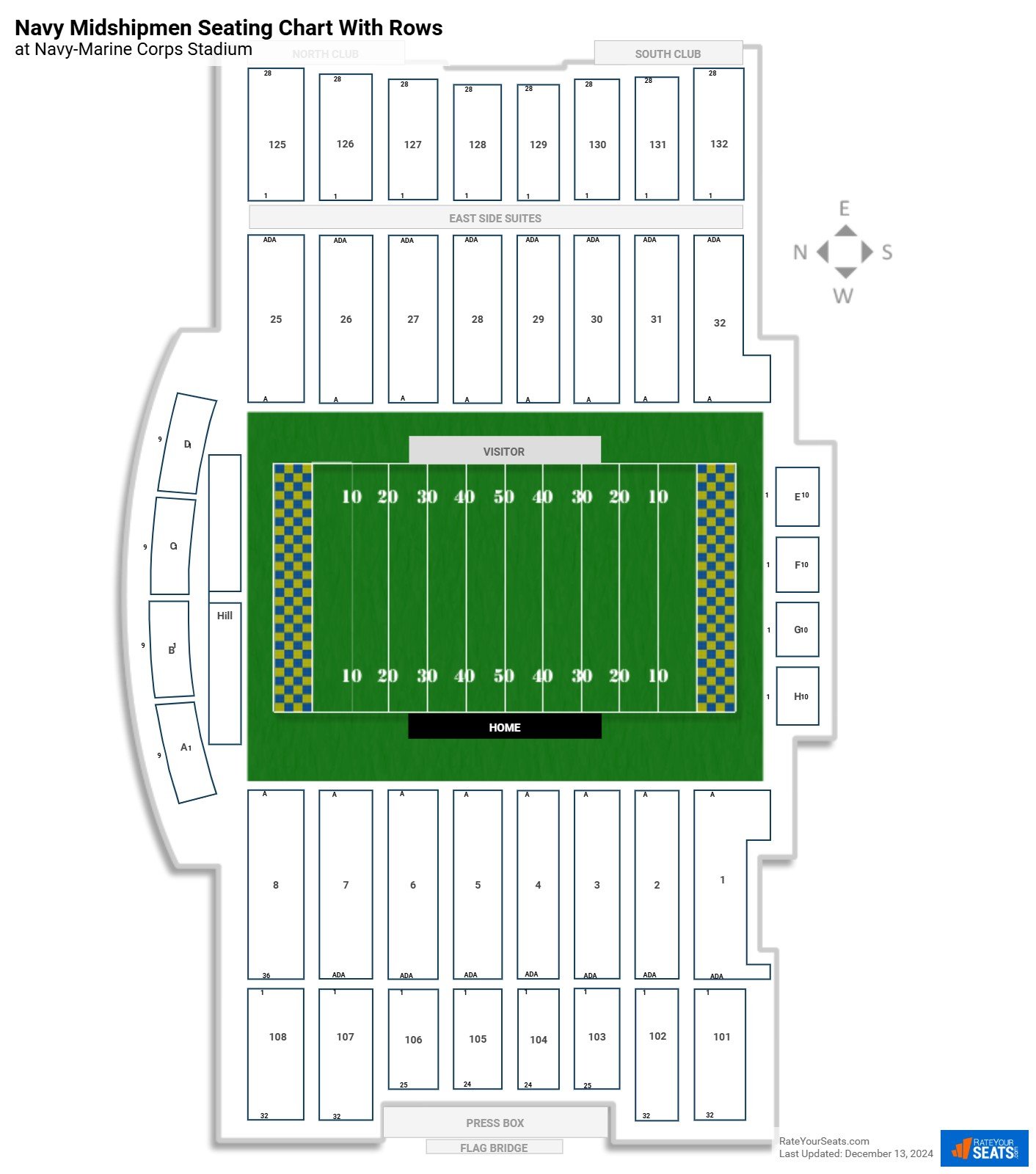 Navy-Marine Corps Stadium seating chart with row numbers