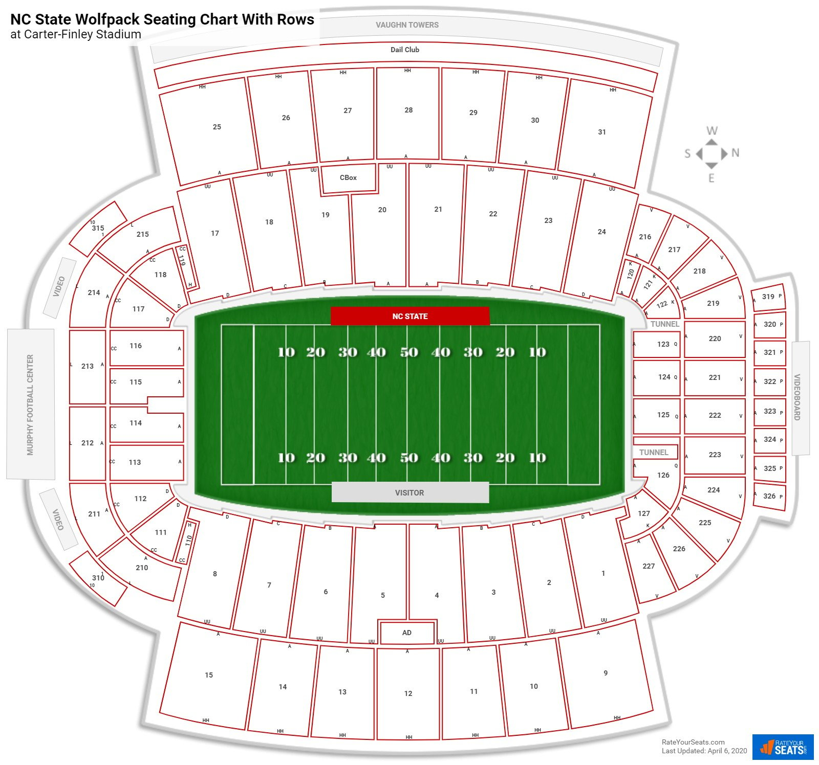 Carter-Finley Stadium seating chart with row numbers