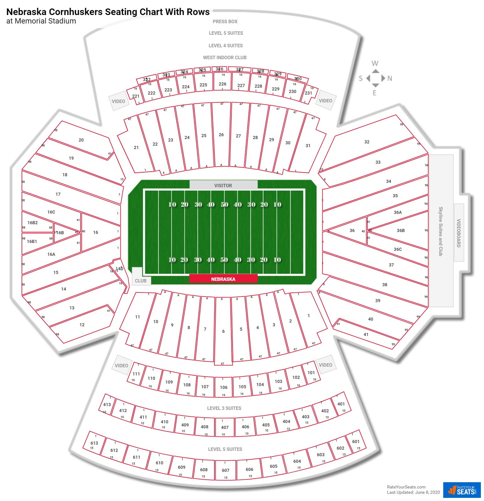 Memorial Stadium (Nebraska) seating chart with row numbers