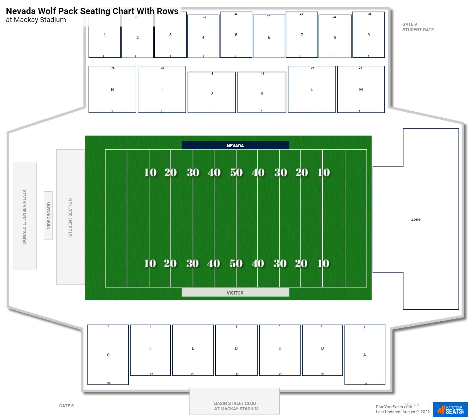 Mackay Stadium seating chart with row numbers