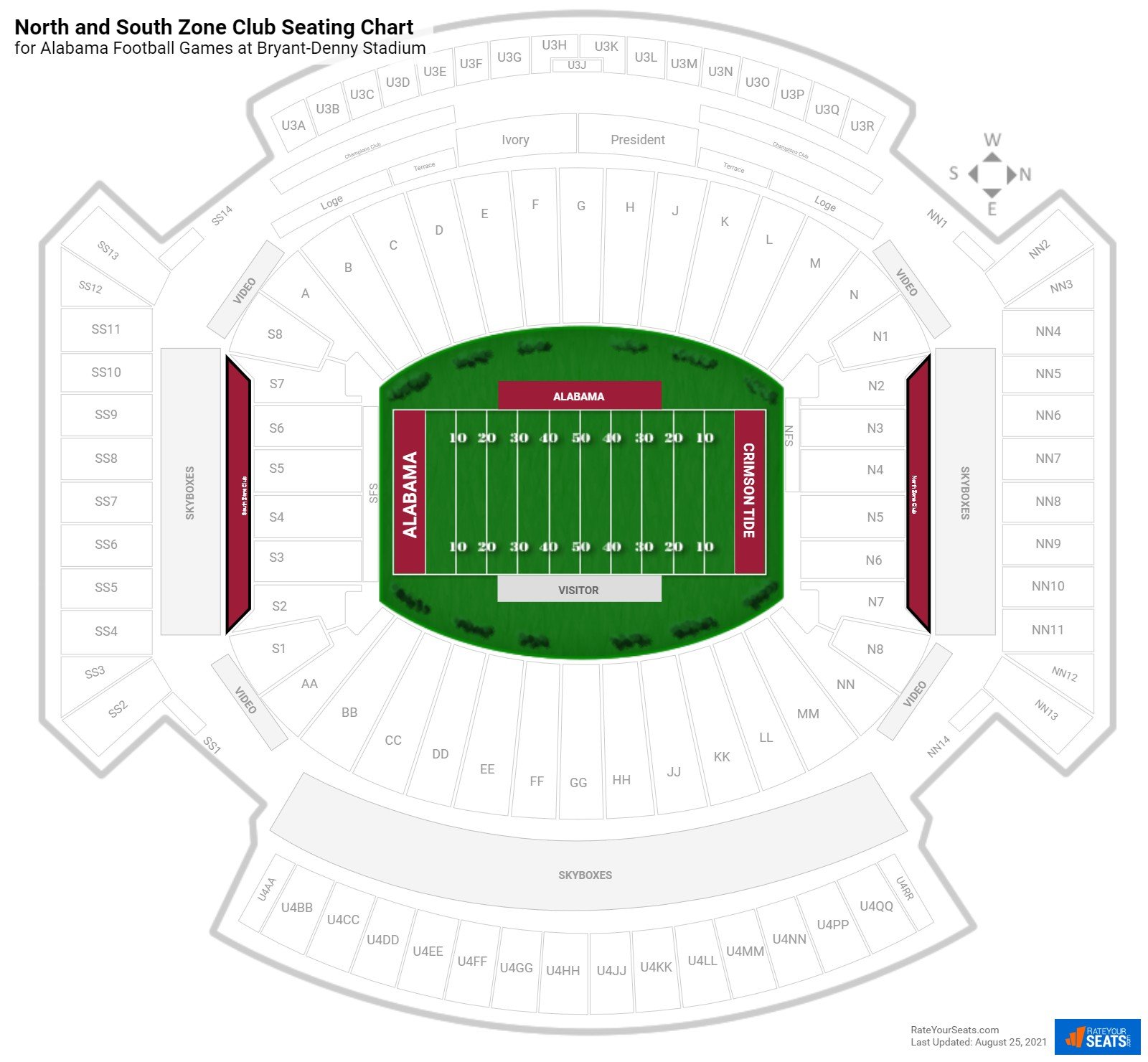 click to enlarge Alabama North and South Zone Club Seating Chart at Bryant-Denny Stadium