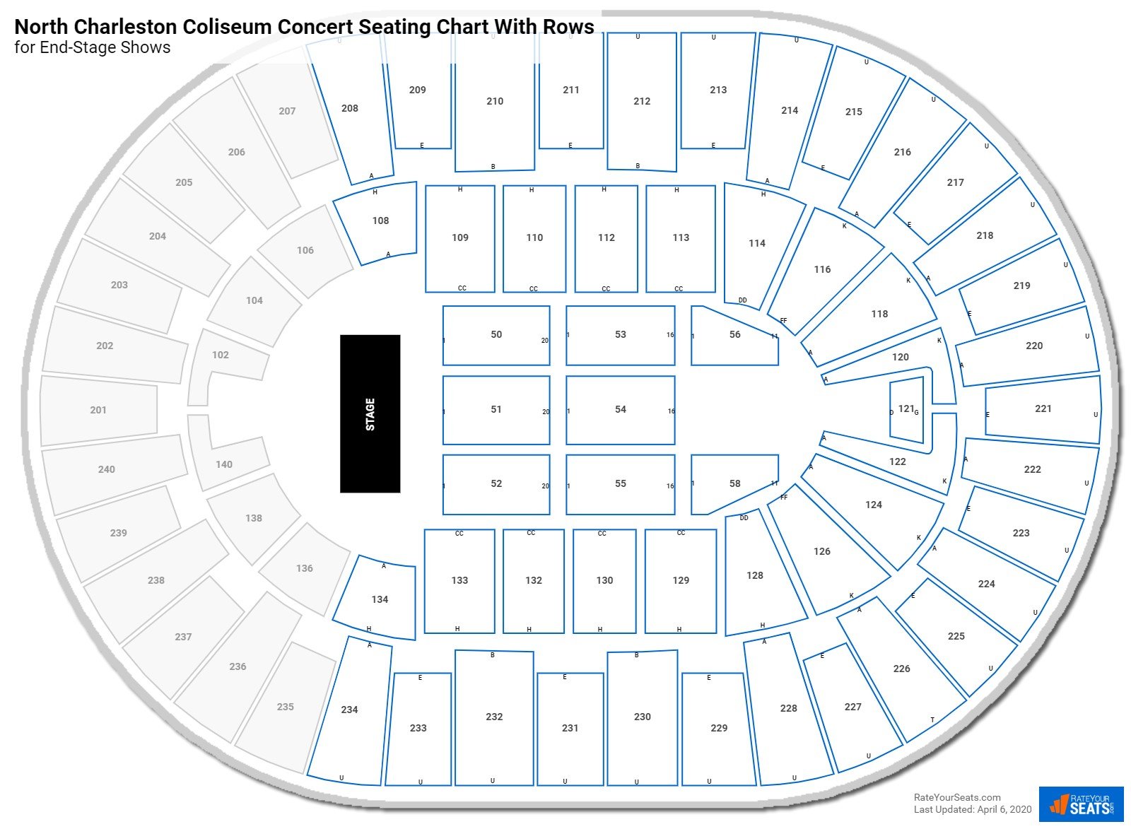 North Charleston Coliseum seating chart with row numbers